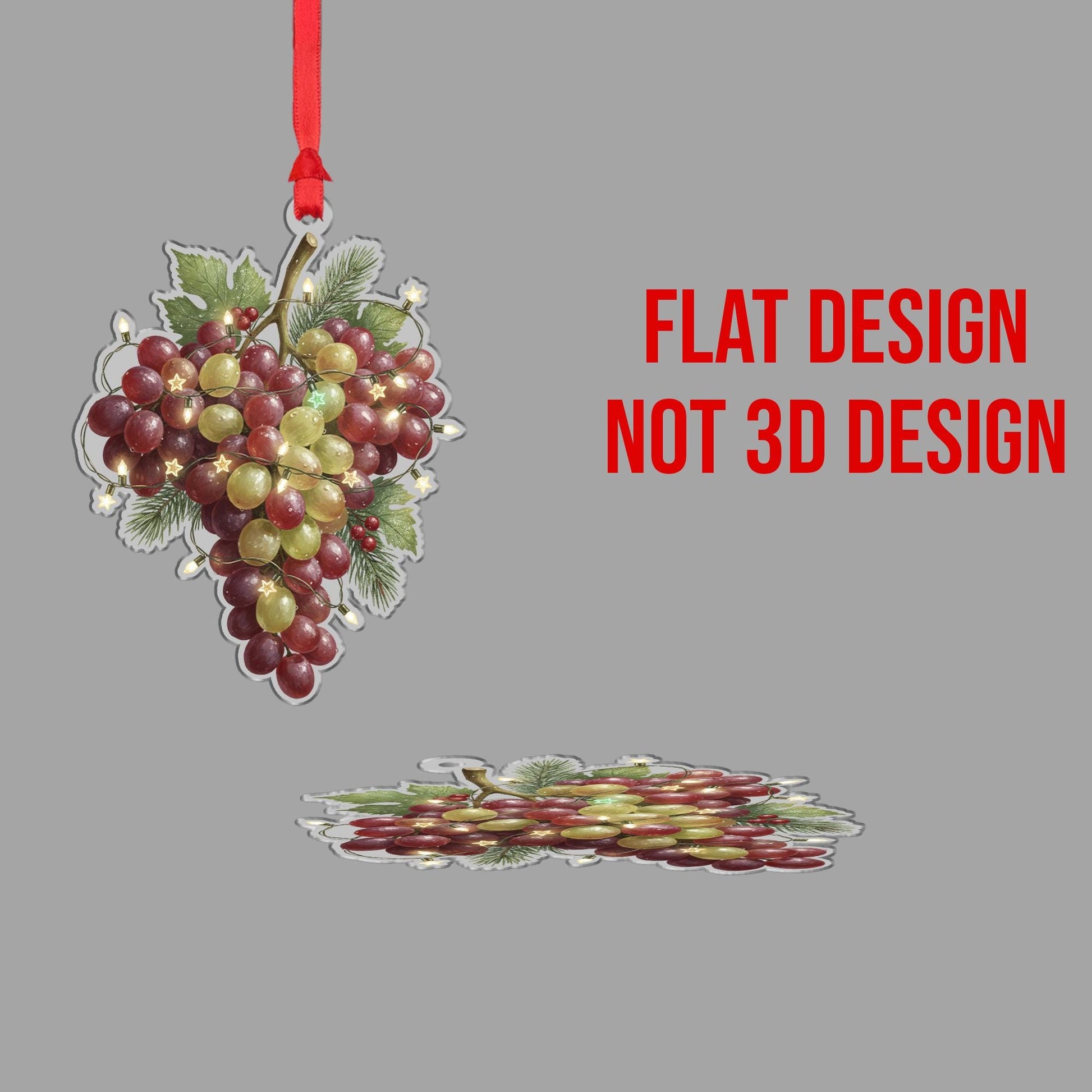 Grape Ornament – Red and Green Cluster with Holiday Lights and Leaf Design