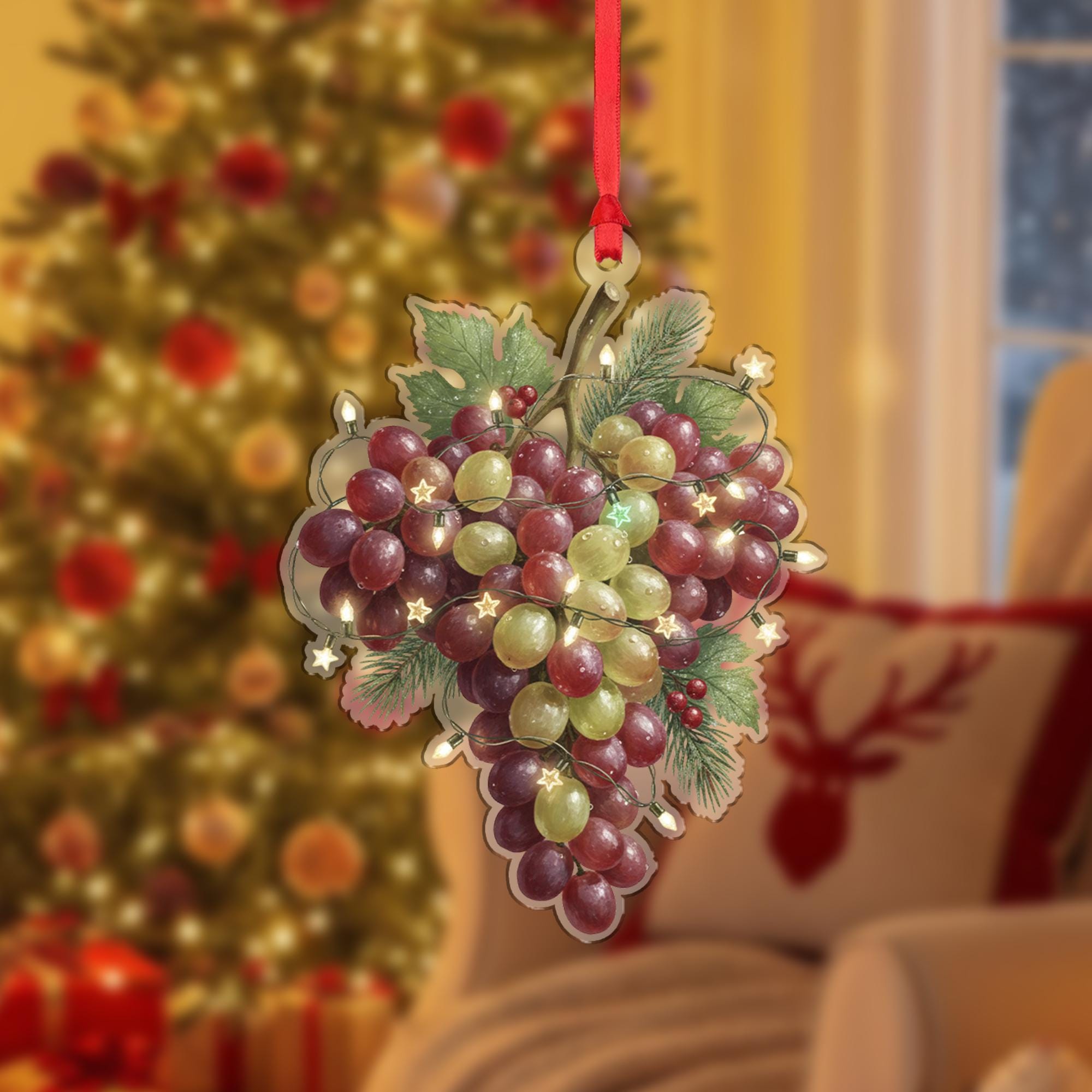 Grape Ornament – Red and Green Cluster with Holiday Lights and Leaf Design
