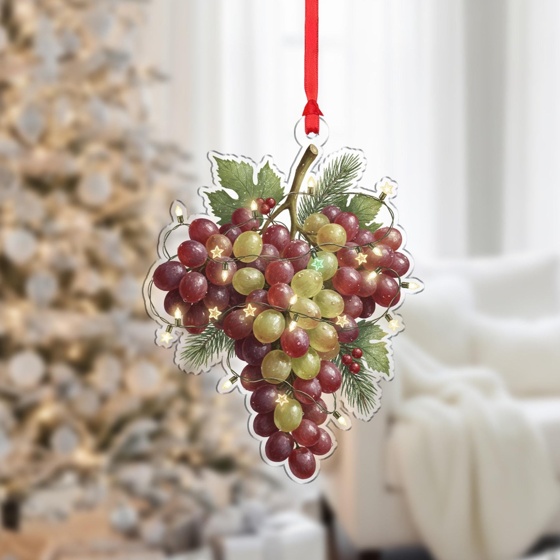 Grape Ornament – Red and Green Cluster with Holiday Lights and Leaf Design