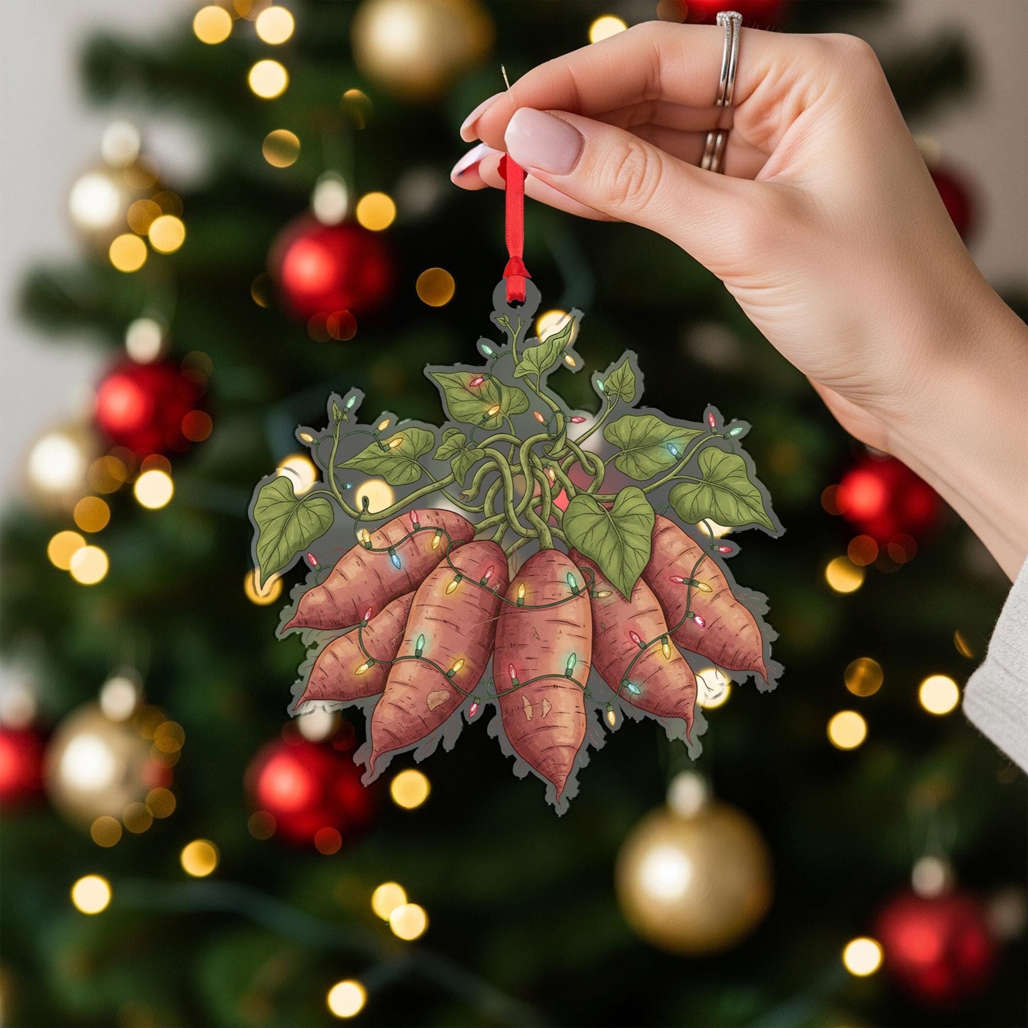 Sweet Potato Ornament – Holiday Root Vegetable Design with Green Leaves and String Lights