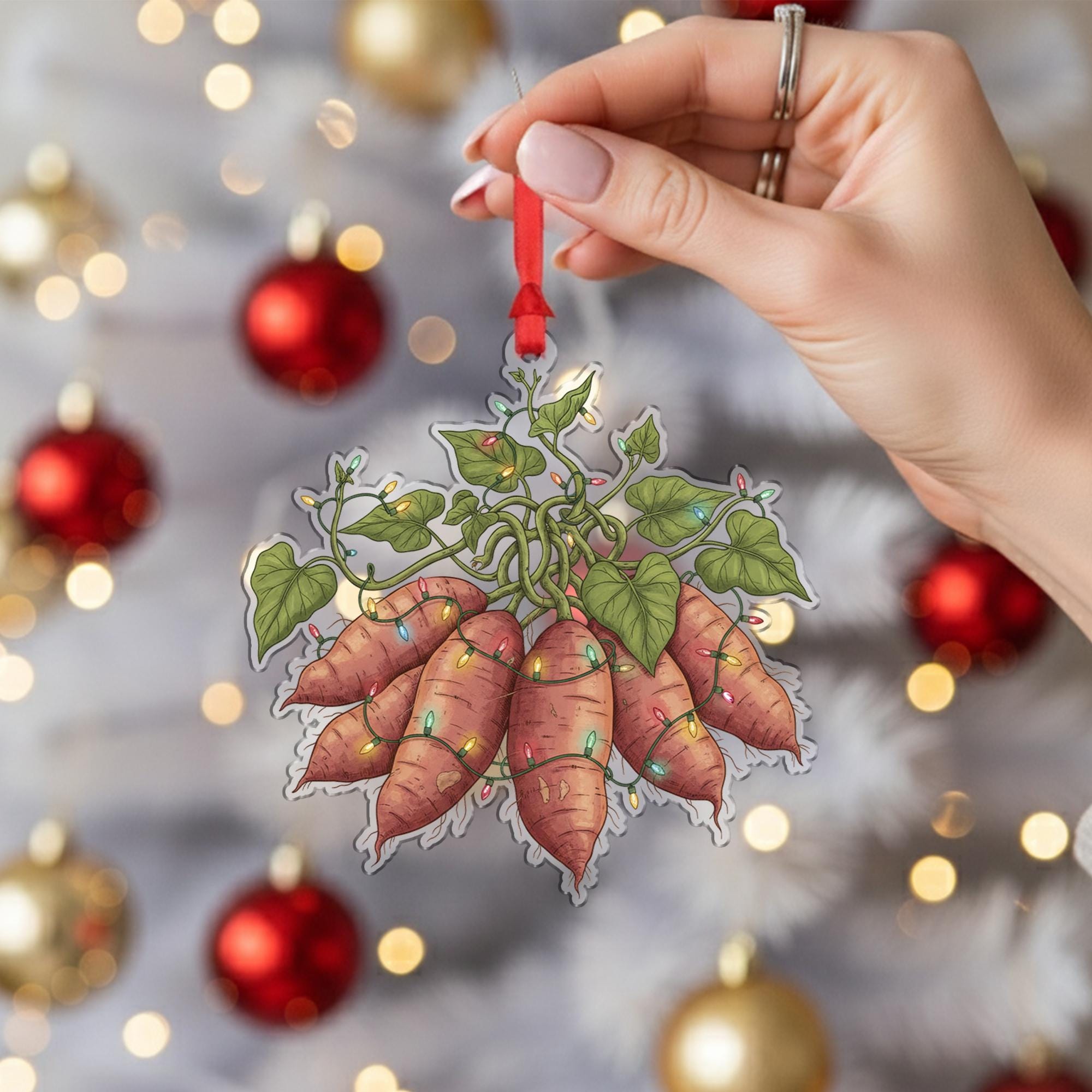 Sweet Potato Ornament – Holiday Root Vegetable Design with Green Leaves and String Lights