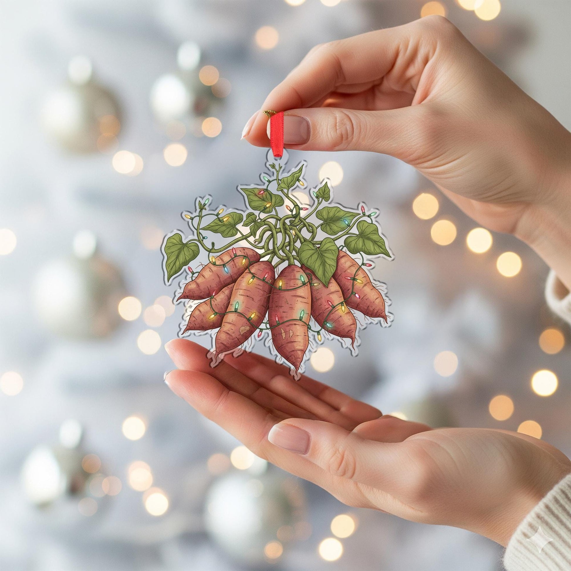 Sweet Potato Ornament – Holiday Root Vegetable Design with Green Leaves and String Lights