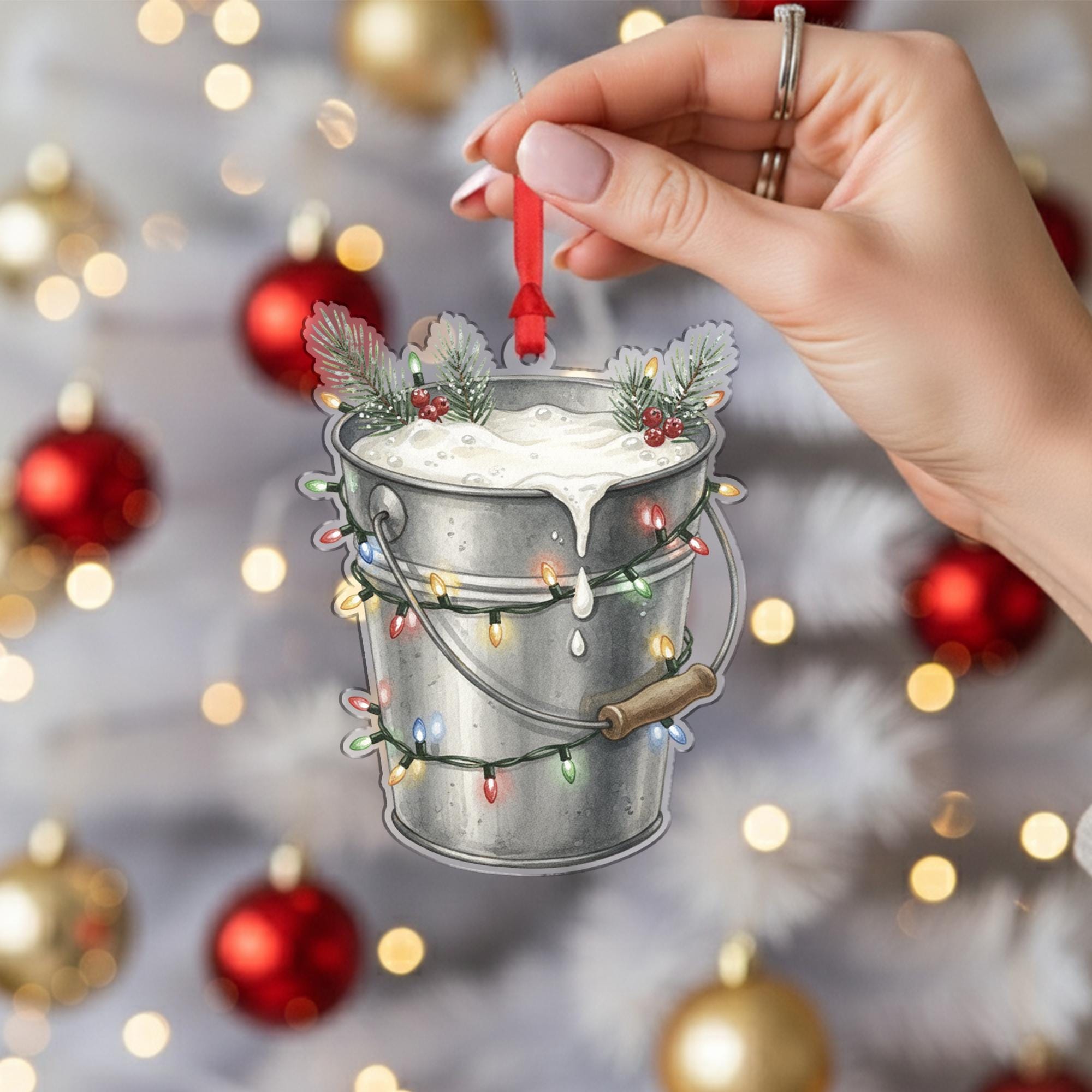 Metal Bucket Ornament – Holiday Pail Design with Foam, Pine Branches, and String Lights