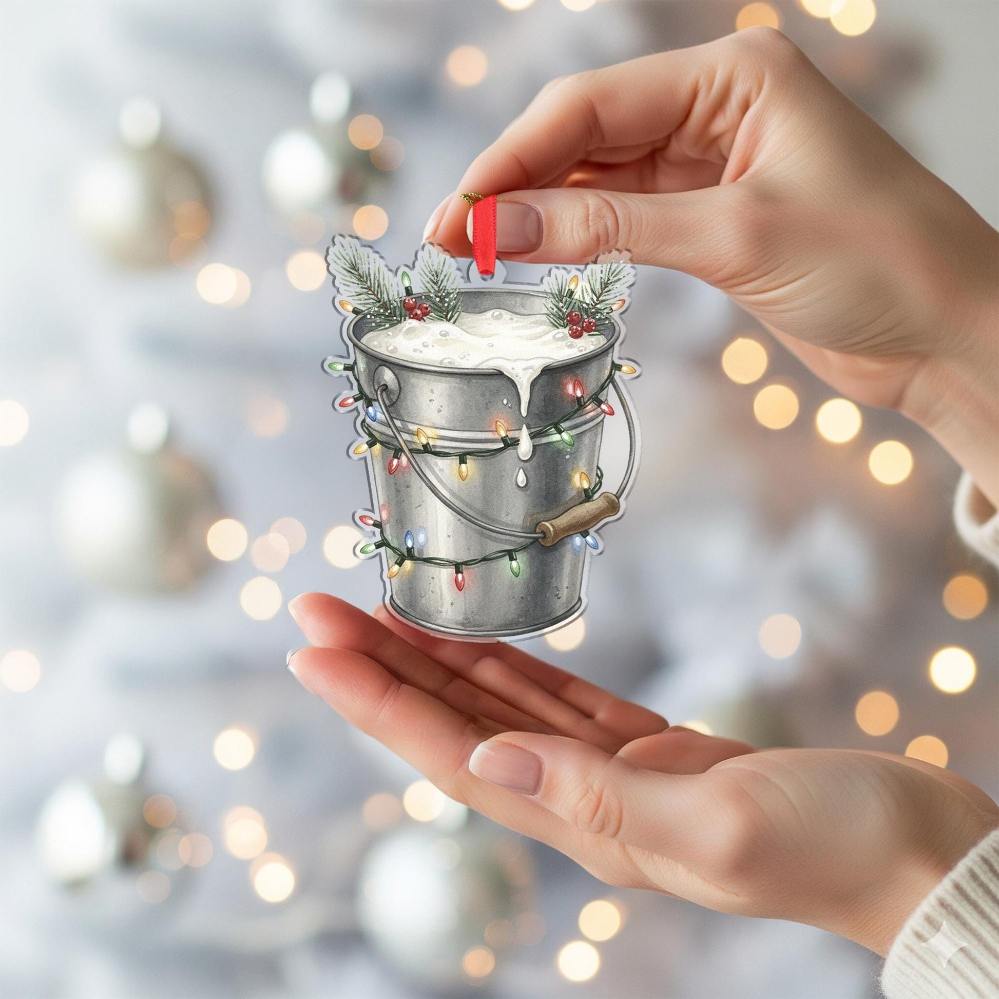 Metal Bucket Ornament – Holiday Pail Design with Foam, Pine Branches, and String Lights