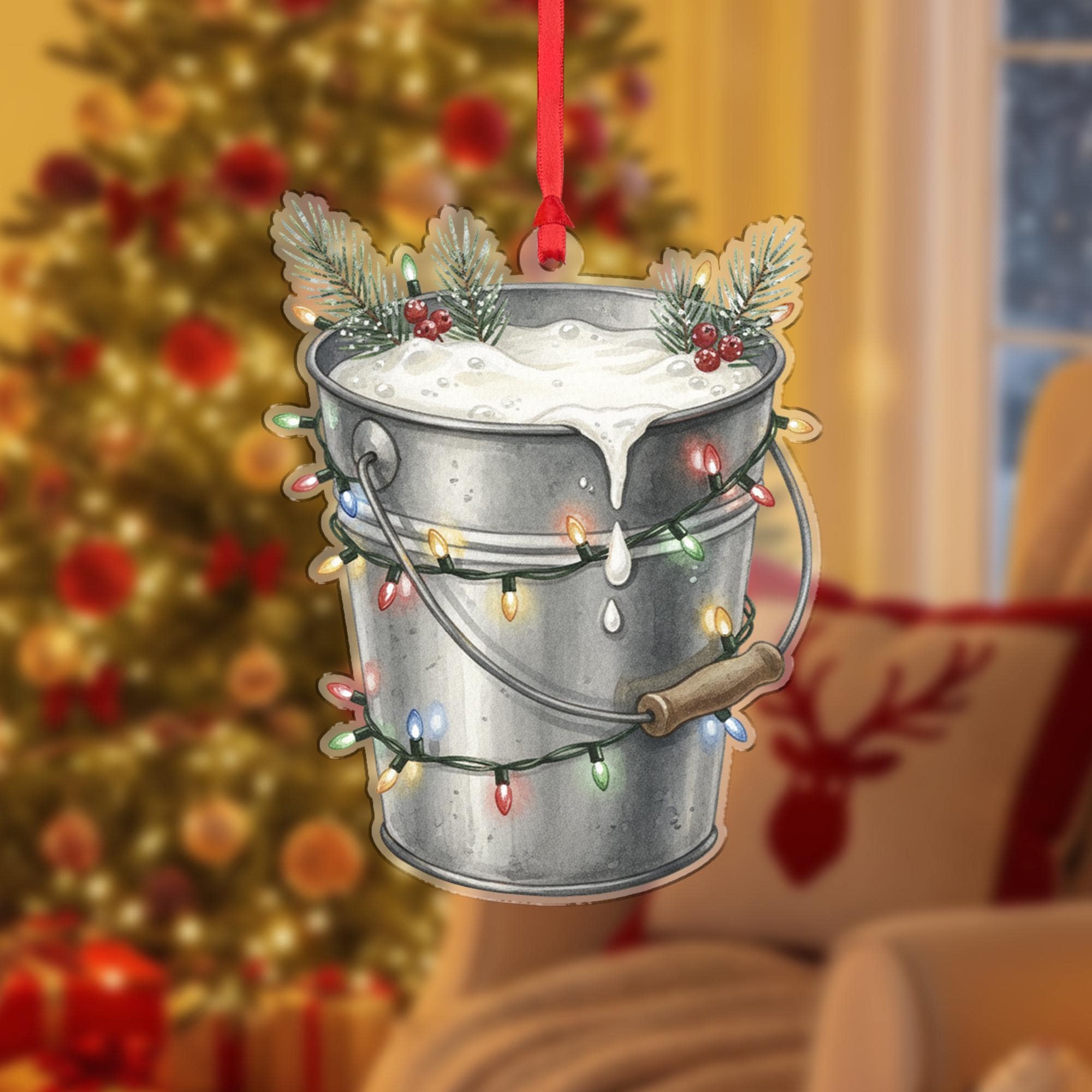 Metal Bucket Ornament – Holiday Pail Design with Foam, Pine Branches, and String Lights