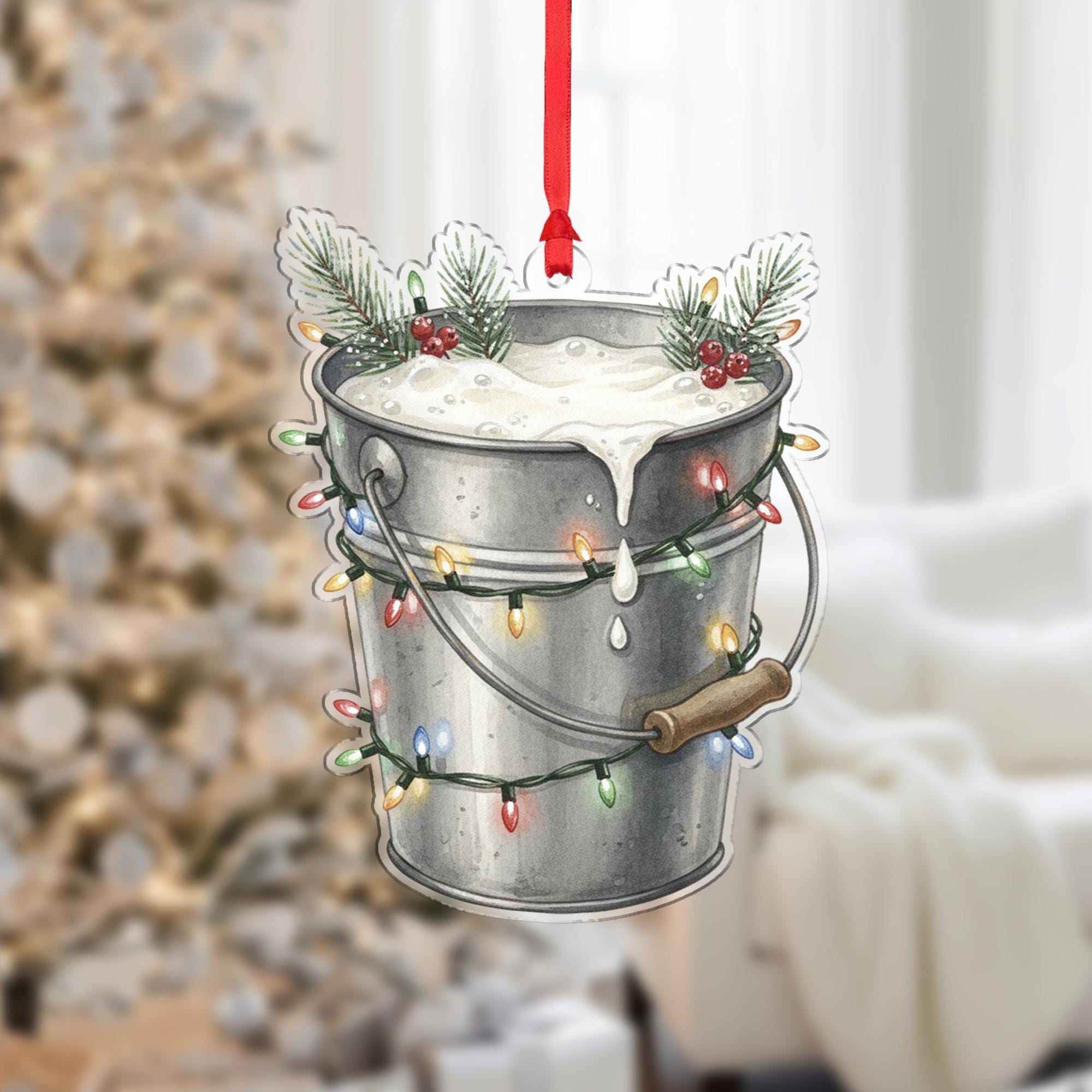 Metal Bucket Ornament – Holiday Pail Design with Foam, Pine Branches, and String Lights