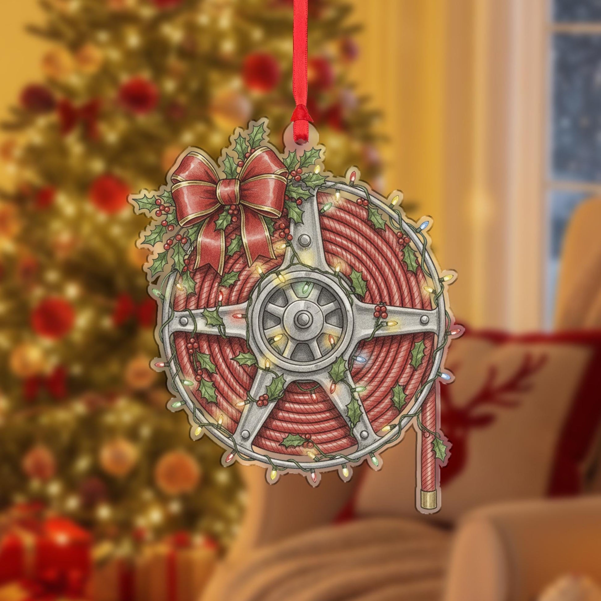 Fire Hose Ornament – Holiday Reel Design with Red Rope, Bow, Holly, and String Lights