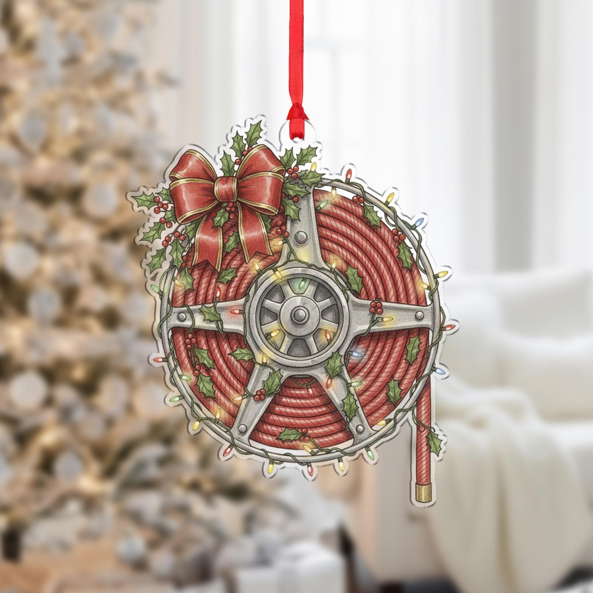 Fire Hose Ornament – Holiday Reel Design with Red Rope, Bow, Holly, and String Lights