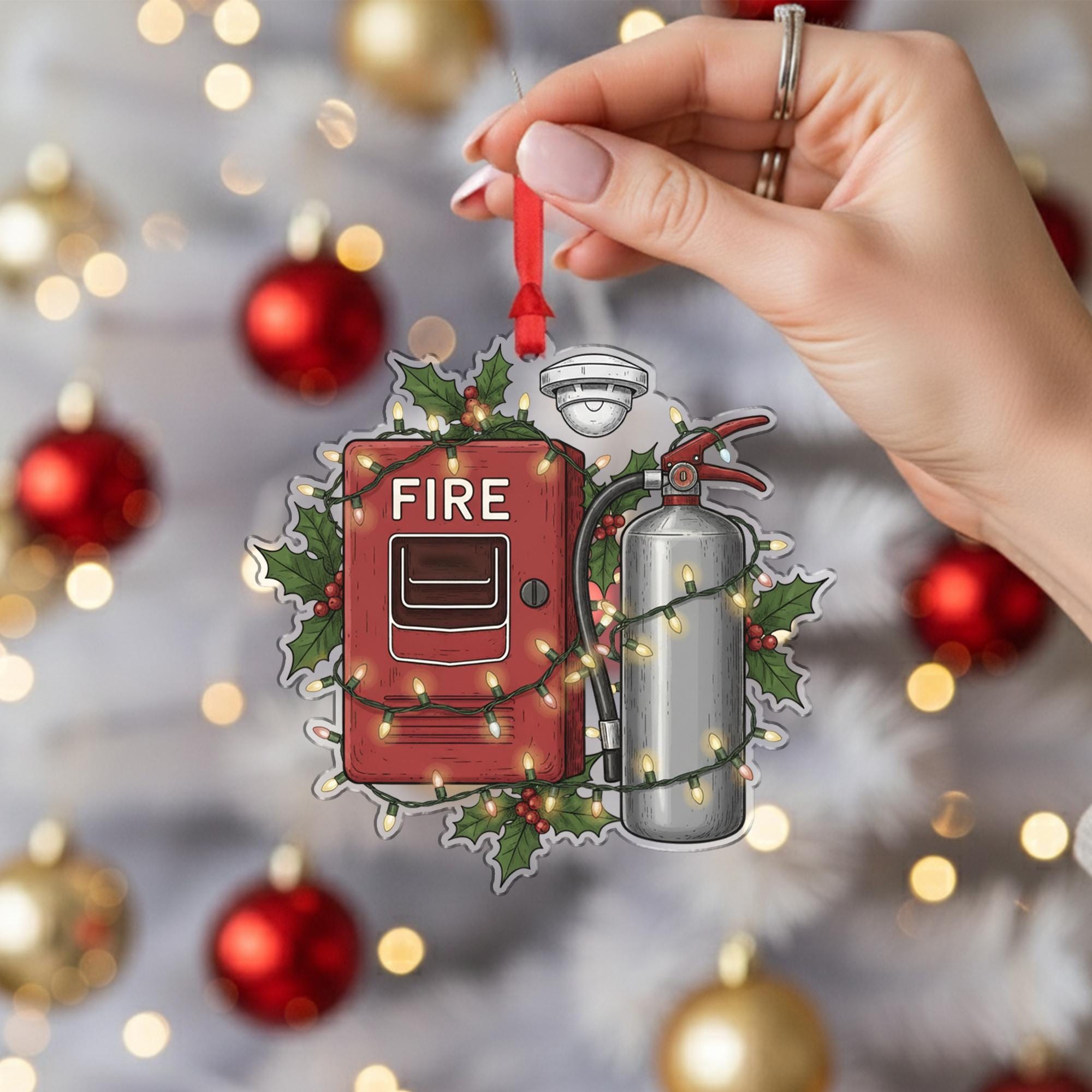 Fire Safety Ornament – Holiday Design with Fire Extinguisher, Alarm Box, and String Lights