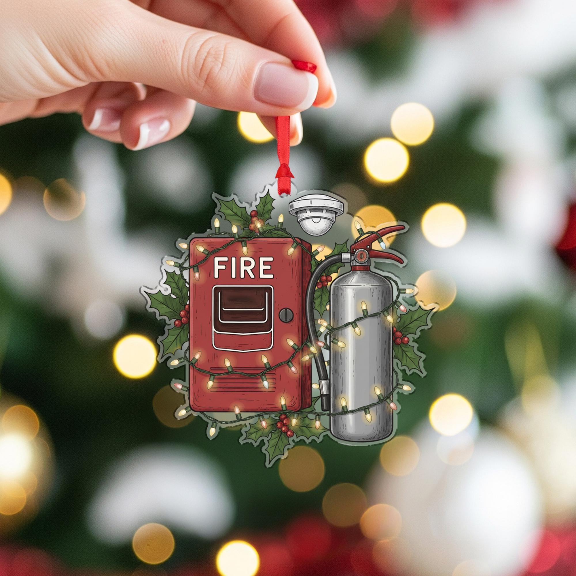 Fire Safety Ornament – Holiday Design with Fire Extinguisher, Alarm Box, and String Lights
