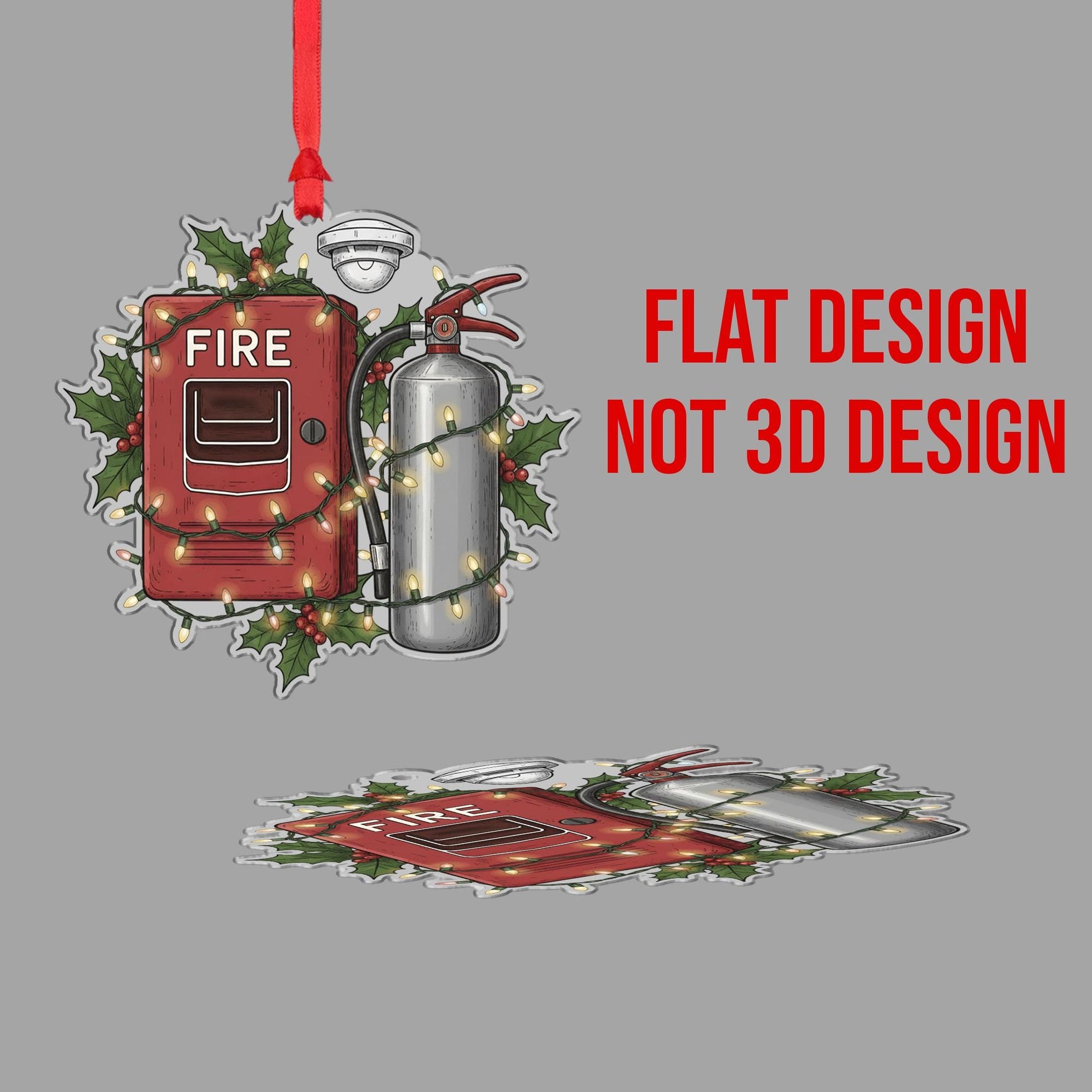 Fire Safety Ornament – Holiday Design with Fire Extinguisher, Alarm Box, and String Lights