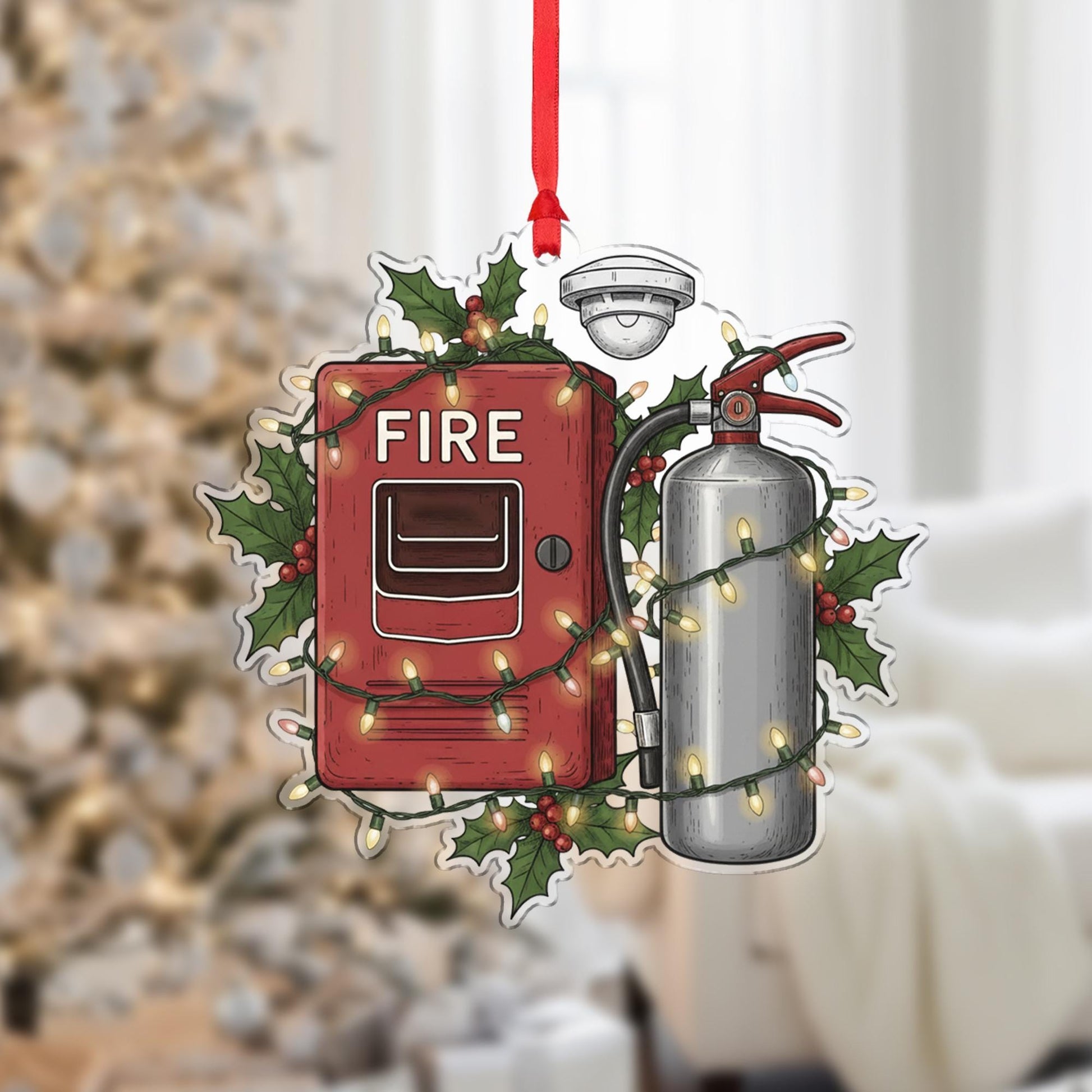 Fire Safety Ornament – Holiday Design with Fire Extinguisher, Alarm Box, and String Lights