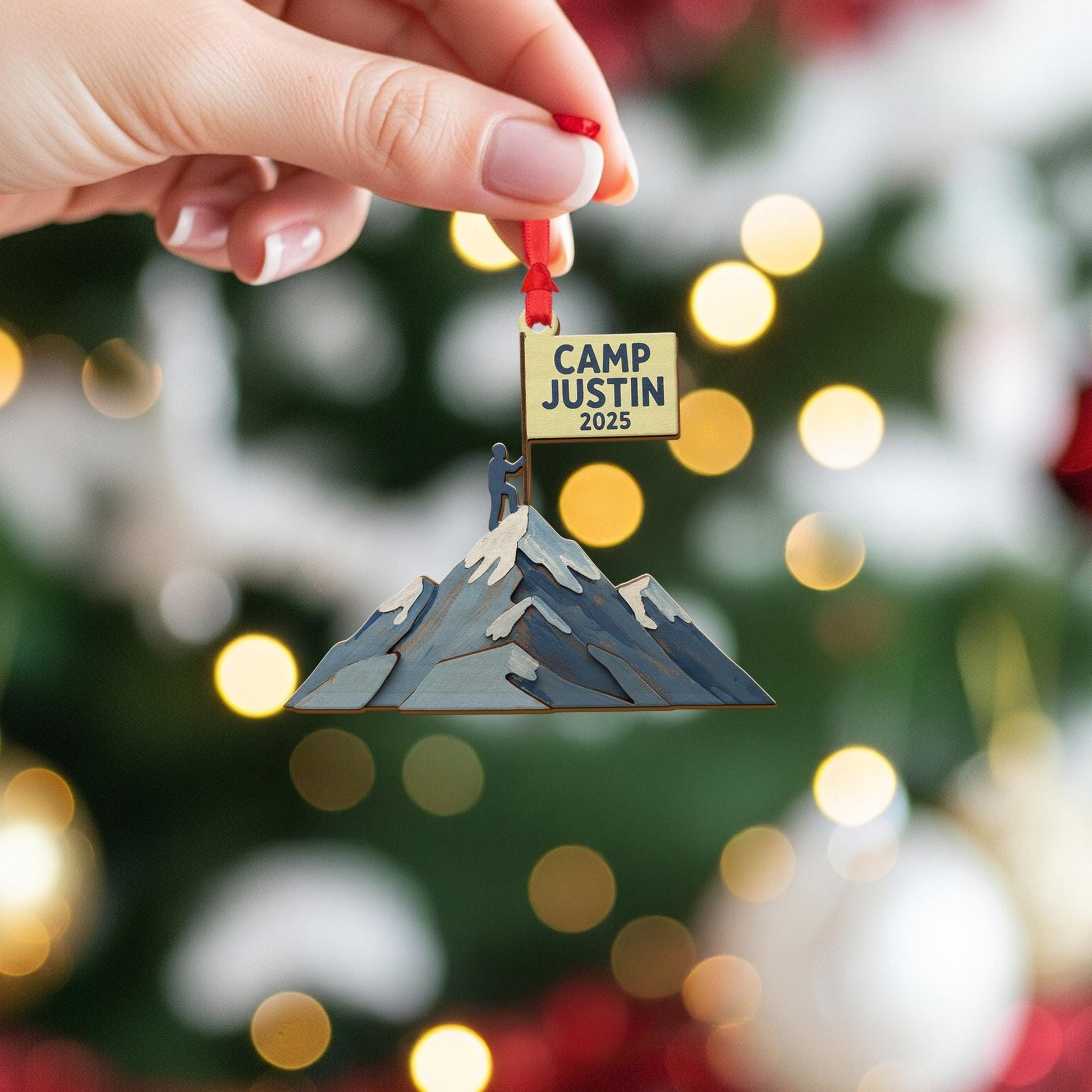 Personalized Mountain Ornament – Wood Climber Design with Flag, Snow Peaks, and Custom Name