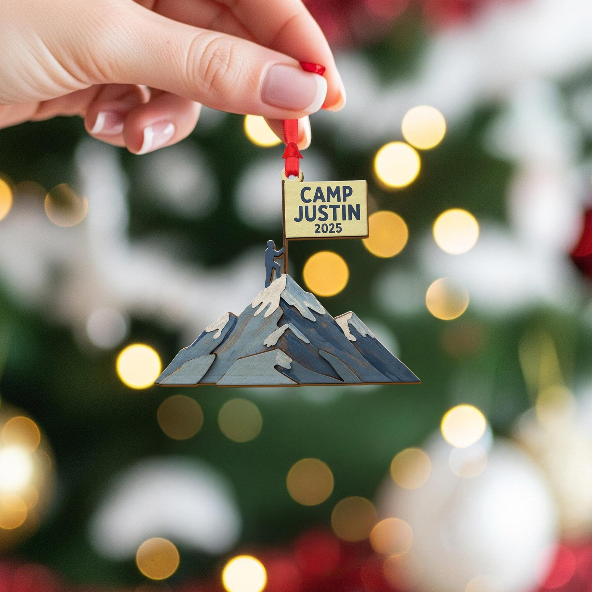 Personalized Mountain Ornament – Wood Climber Design with Flag, Snow Peaks, and Custom Name