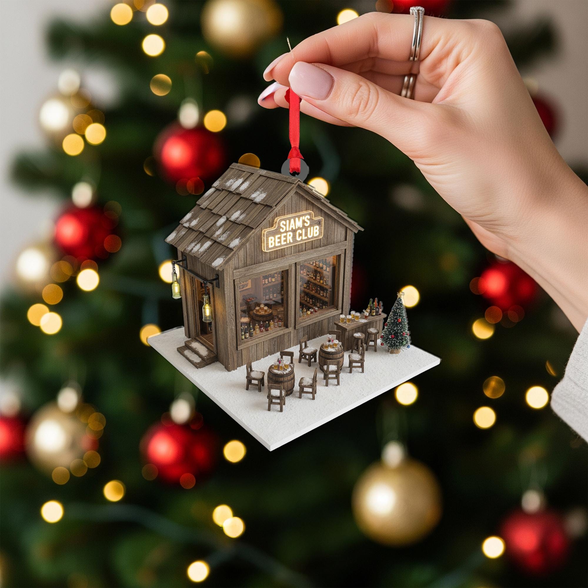 Beer Pub Ornament – Miniature Wooden Bar House with Tables, Bottles, and Holiday Tree