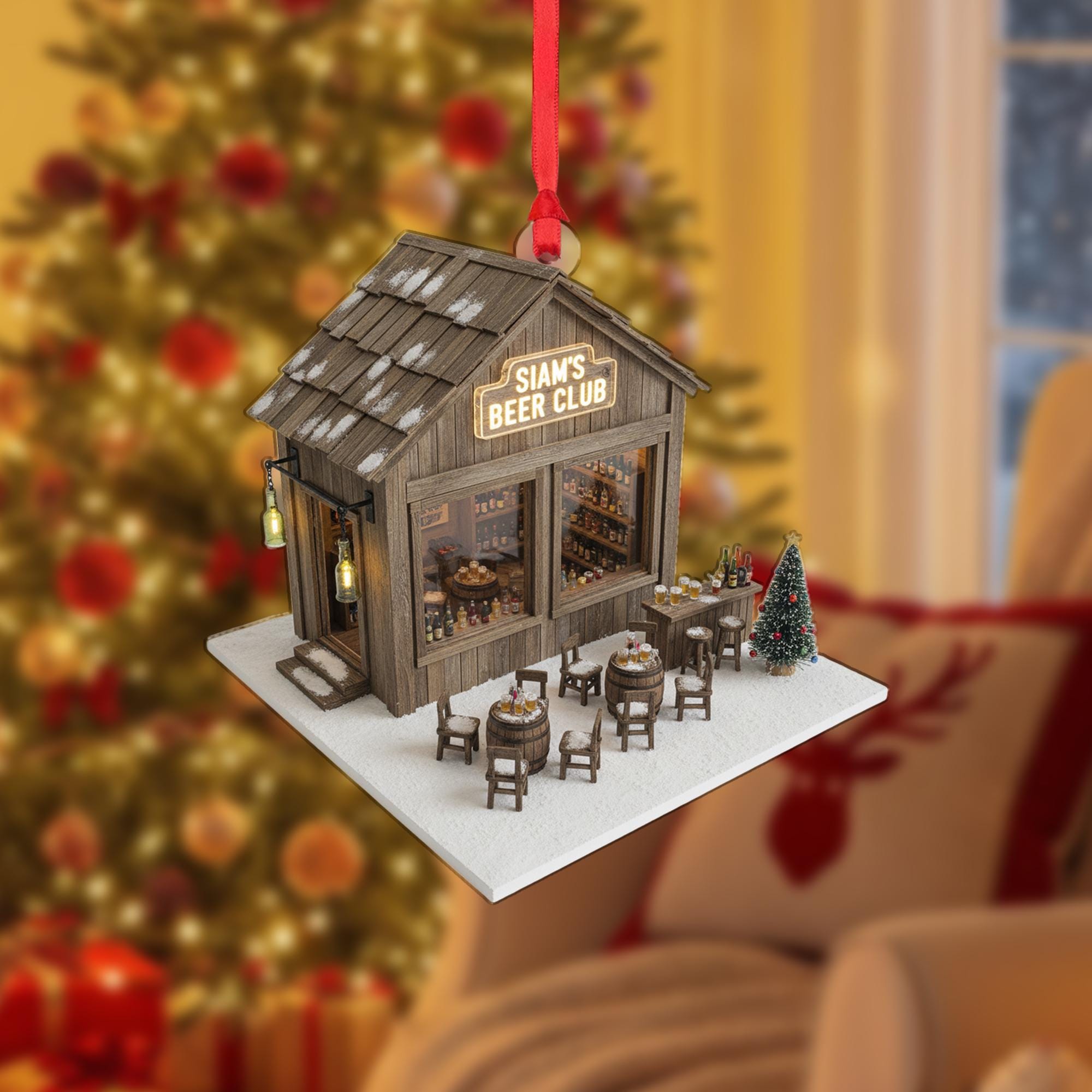 Beer Pub Ornament – Miniature Wooden Bar House with Tables, Bottles, and Holiday Tree