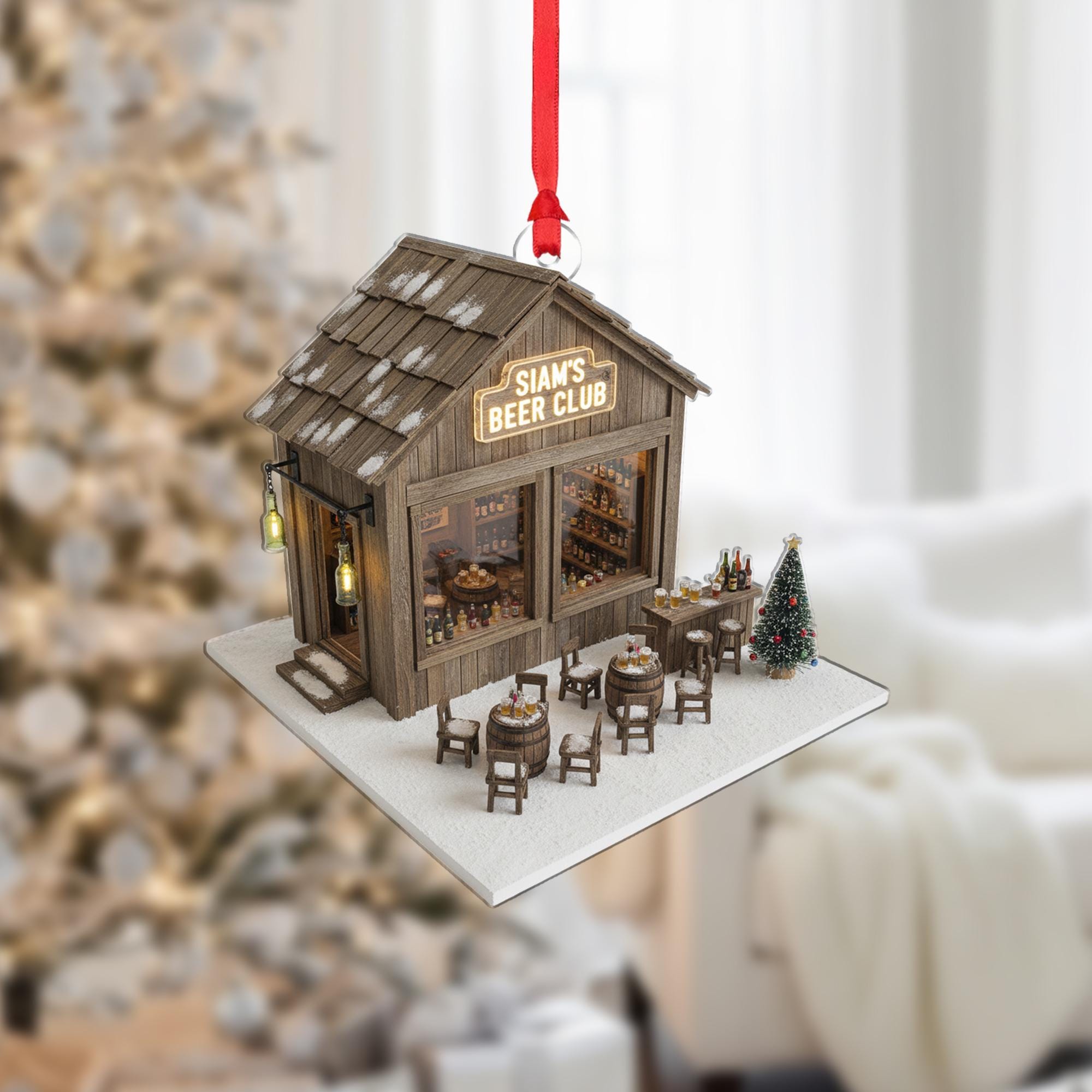 Beer Pub Ornament – Miniature Wooden Bar House with Tables, Bottles, and Holiday Tree