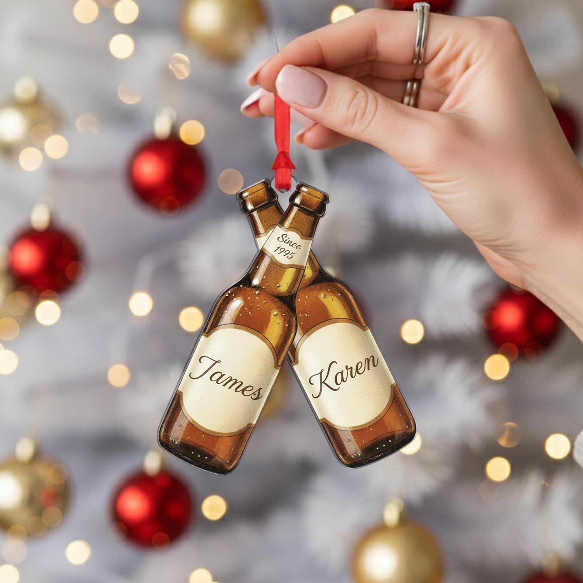 Personalized Beer Bottle Ornament – Custom Wood Design with Names, Year, and Holiday Detail
