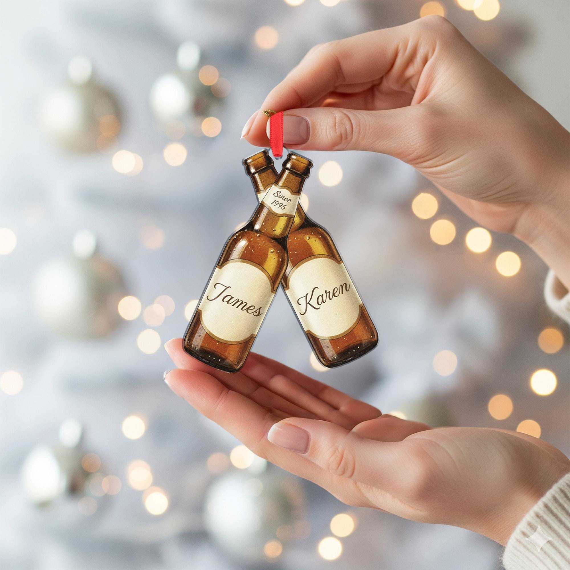 Personalized Beer Bottle Ornament – Custom Wood Design with Names, Year, and Holiday Detail