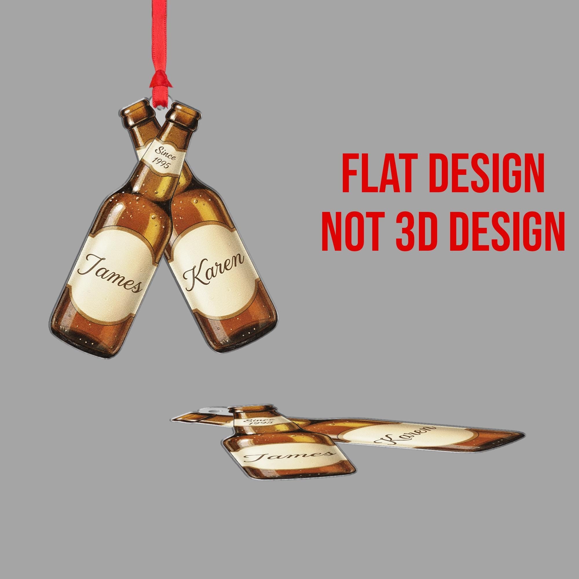 Personalized Beer Bottle Ornament – Custom Wood Design with Names, Year, and Holiday Detail
