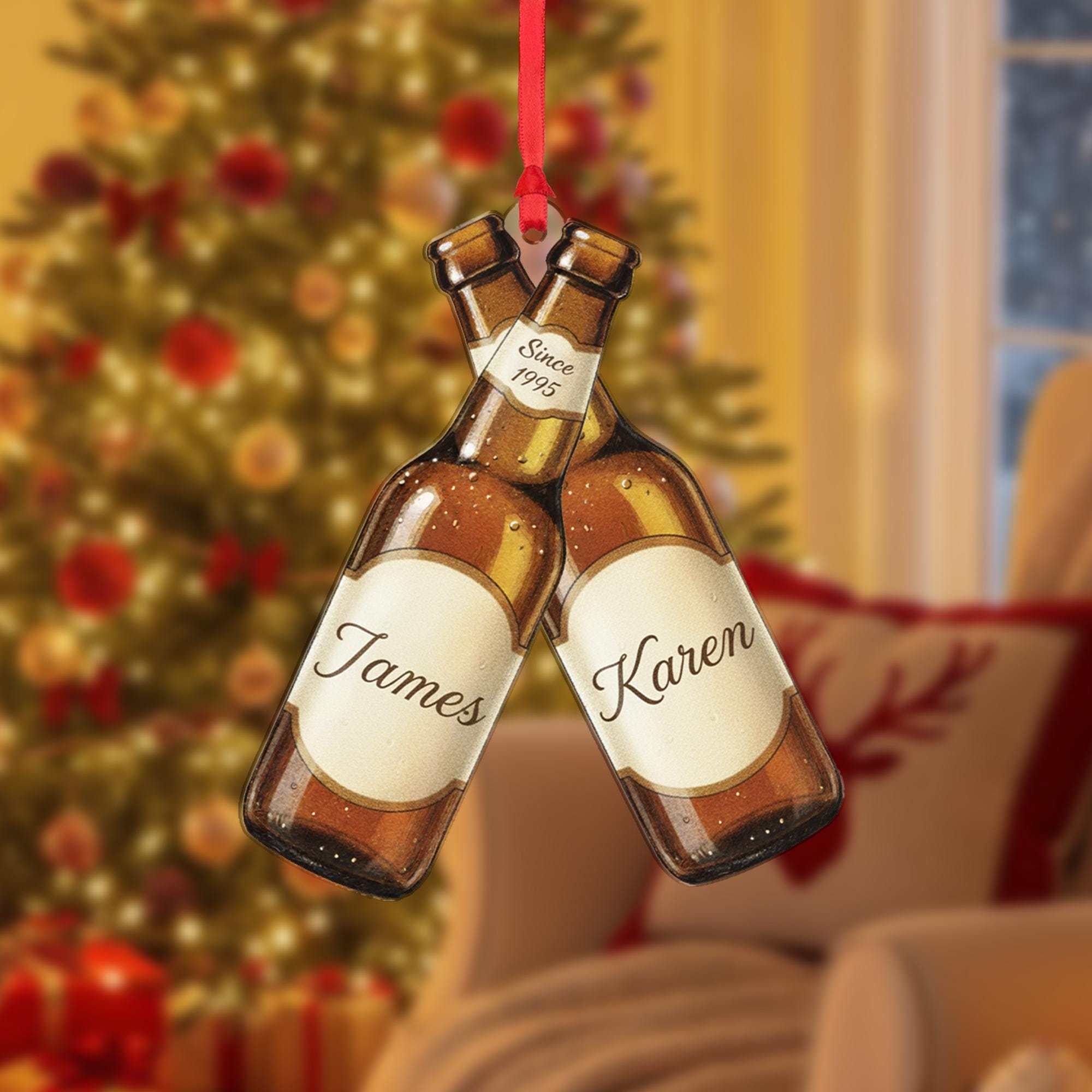 Personalized Beer Bottle Ornament – Custom Wood Design with Names, Year, and Holiday Detail