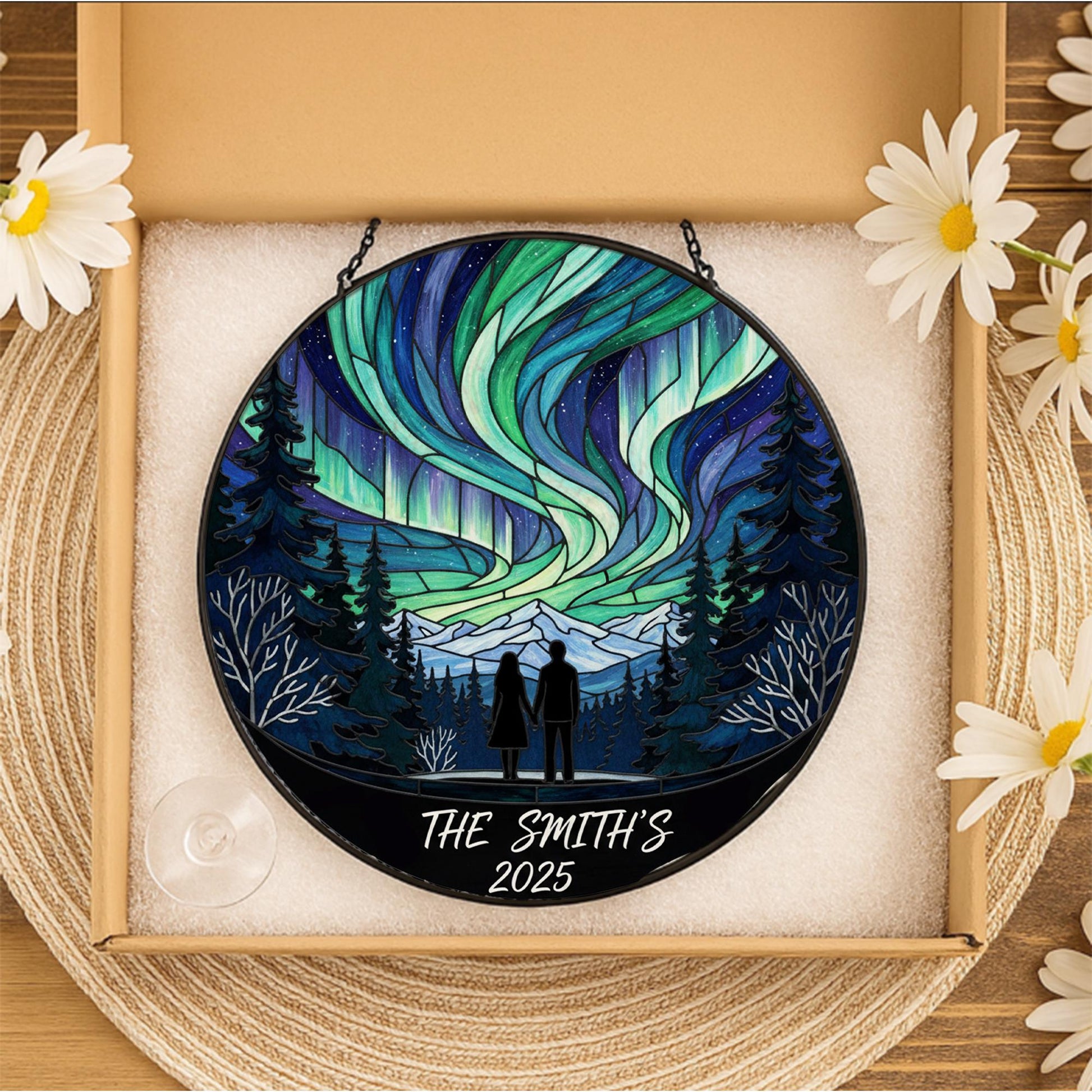 Personalized Glass Suncatcher – Northern Lights Design with Couple Silhouette, Trees, and Mountains