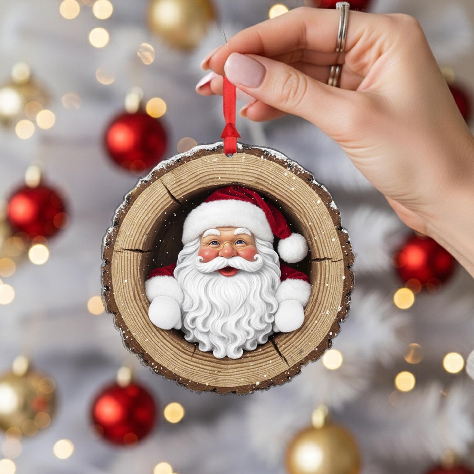 Rustic Santa Claus Christmas Ornament: Wood Slice Holiday Tree Decoration