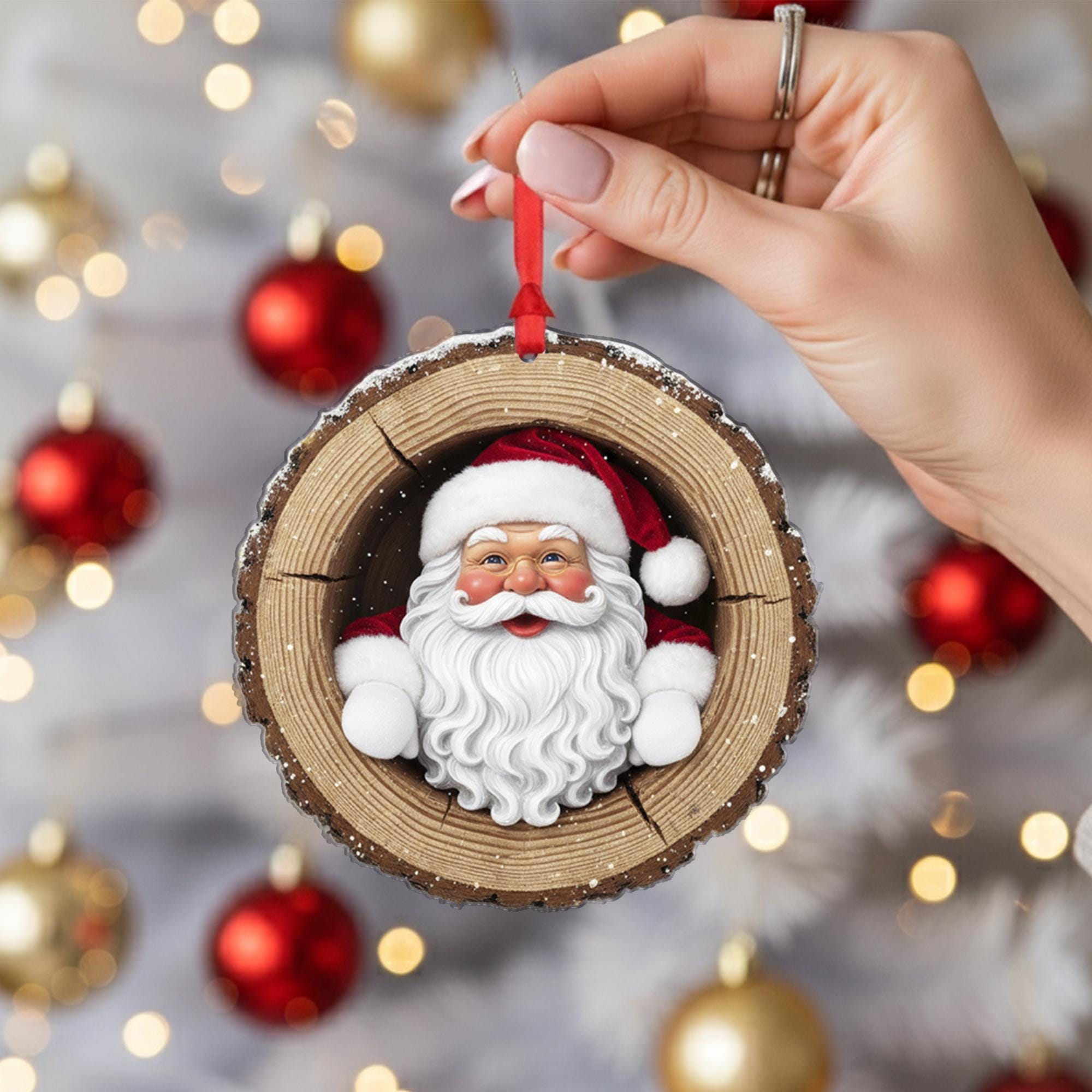 Rustic Santa Claus Christmas Ornament: Wood Slice Holiday Tree Decoration