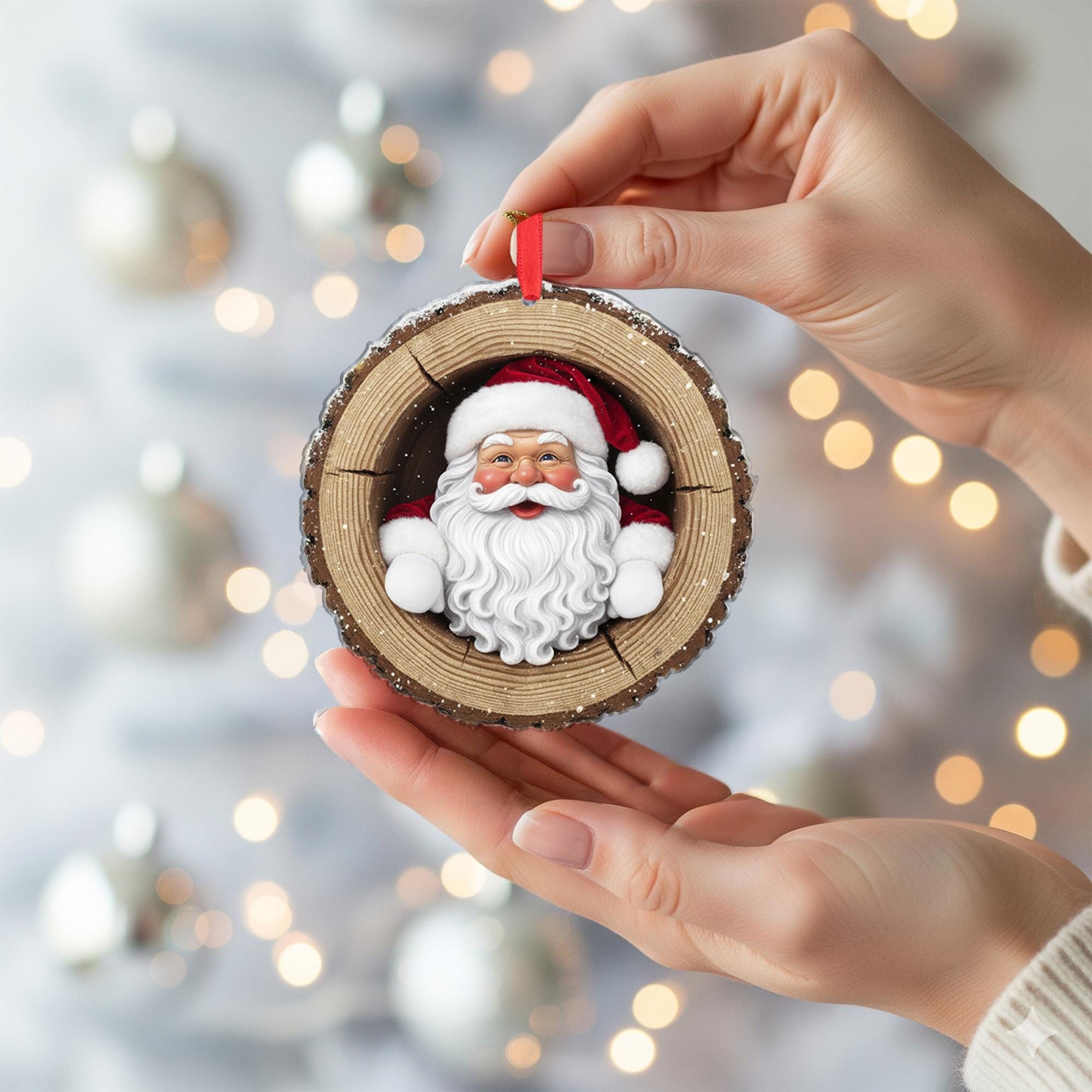 Rustic Santa Claus Christmas Ornament: Wood Slice Holiday Tree Decoration