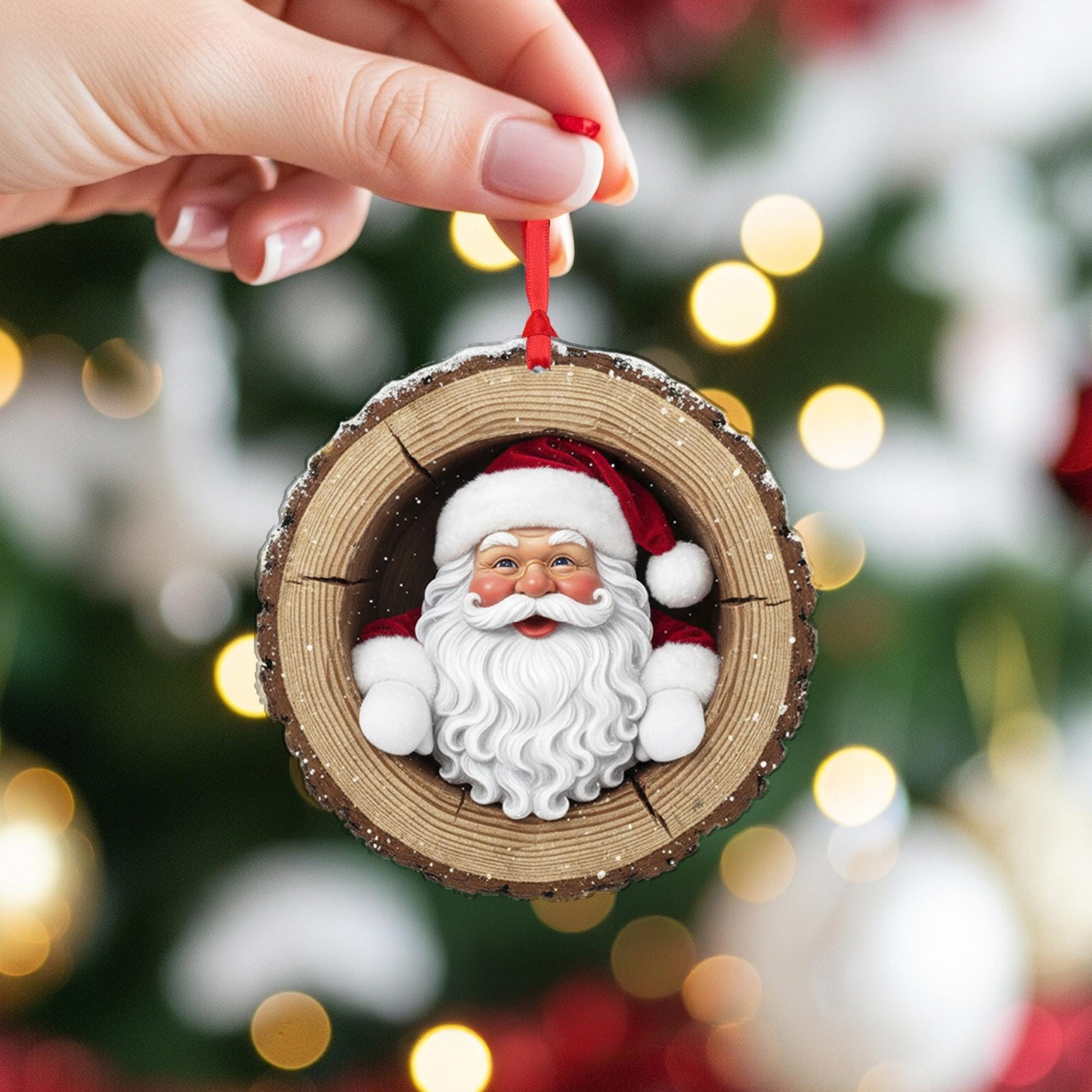 Rustic Santa Claus Christmas Ornament: Wood Slice Holiday Tree Decoration