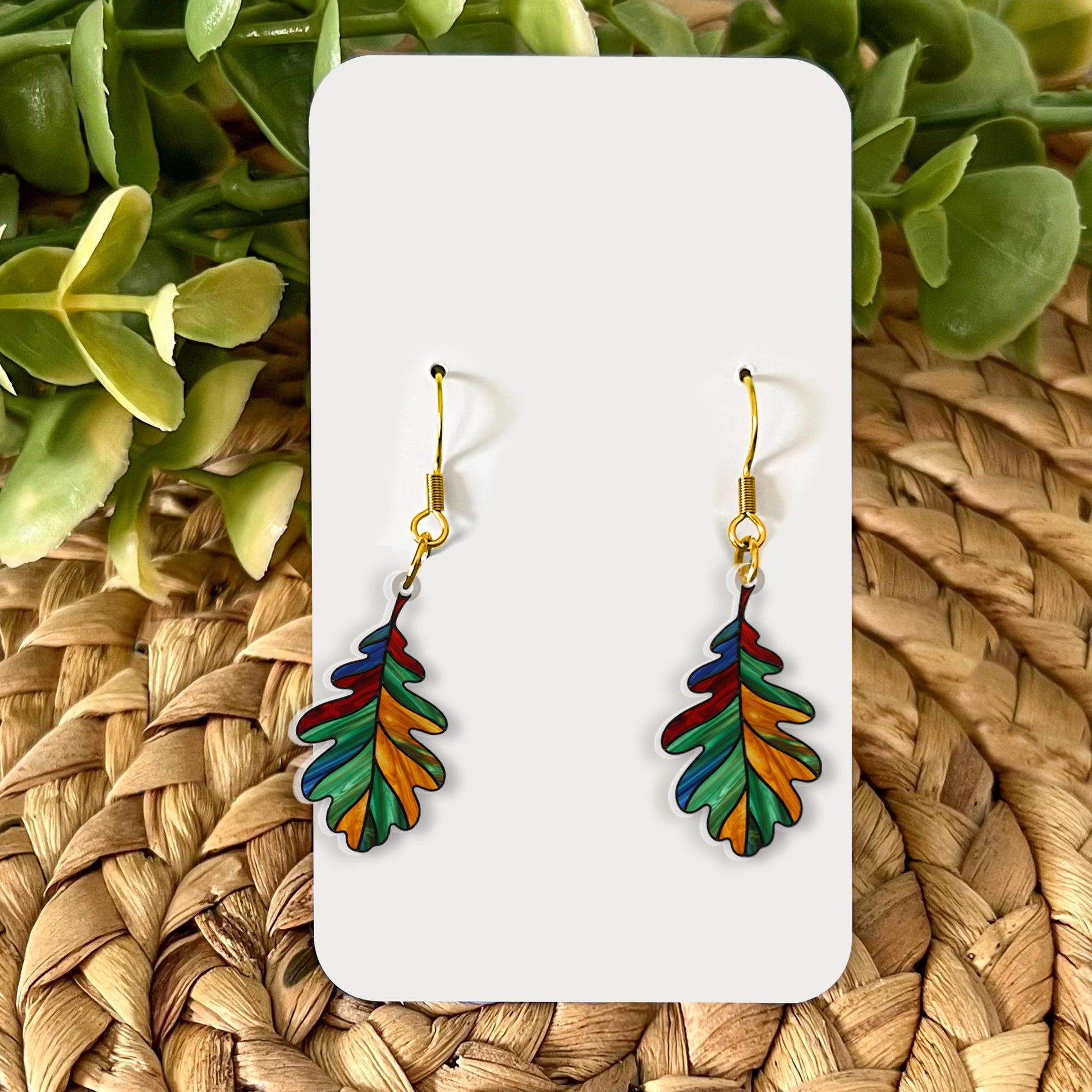 Leaf Earrings – Colorful Dangle Design with Oak Shape and Stained Glass Look