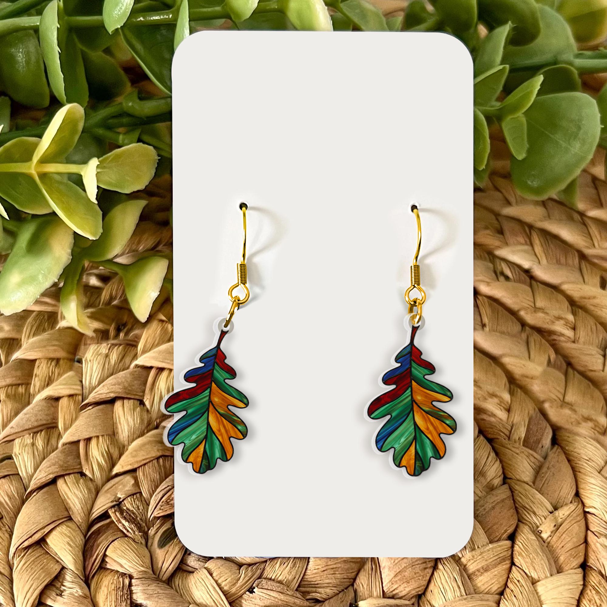 Leaf Earrings – Colorful Dangle Design with Oak Shape and Stained Glass Look