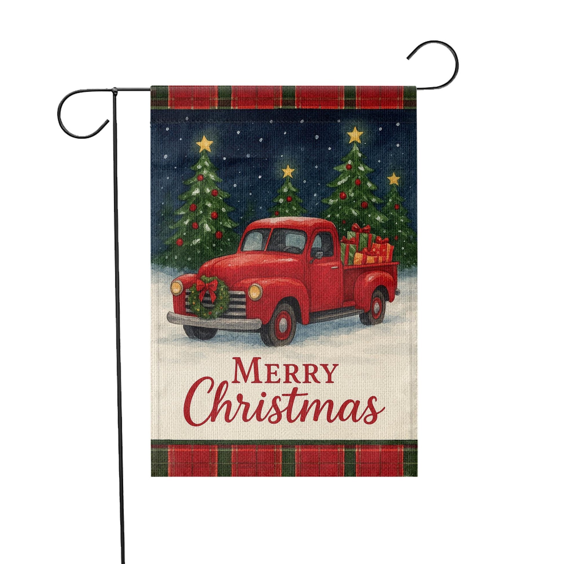 Buffalo Plaid Santa Truck Garden Flag: Rustic Christmas Yard Decor