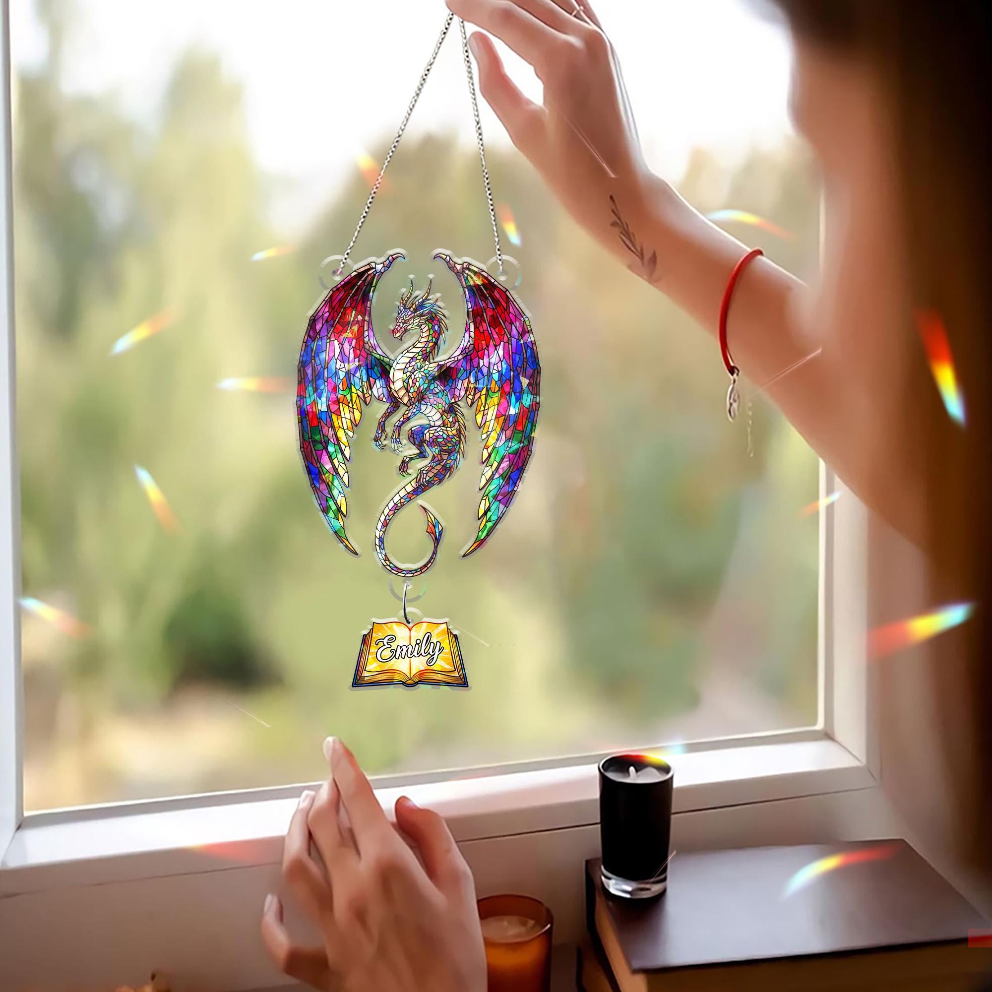 Custom Dragon Acrylic Suncatcher with Custom Charm Name, Mystical Window Hanging Decor