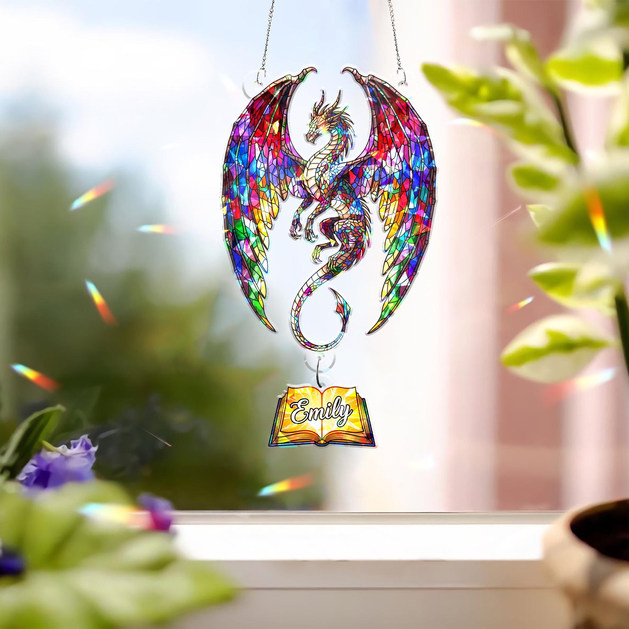 Custom Dragon Acrylic Suncatcher with Custom Charm Name, Mystical Window Hanging Decor