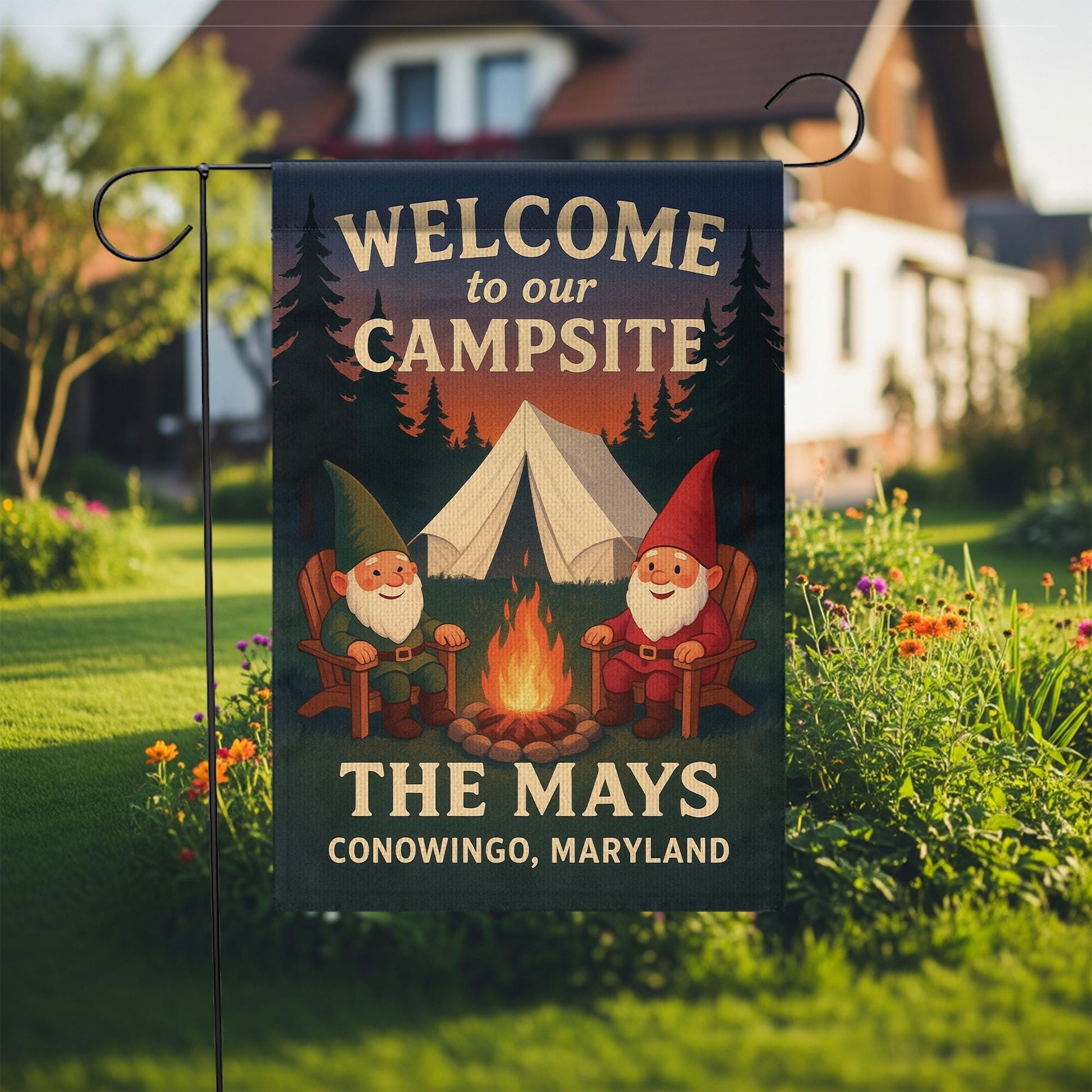 Welcome to Our Campsite Flag: Personalized Camping Garden Flag with Gnomes