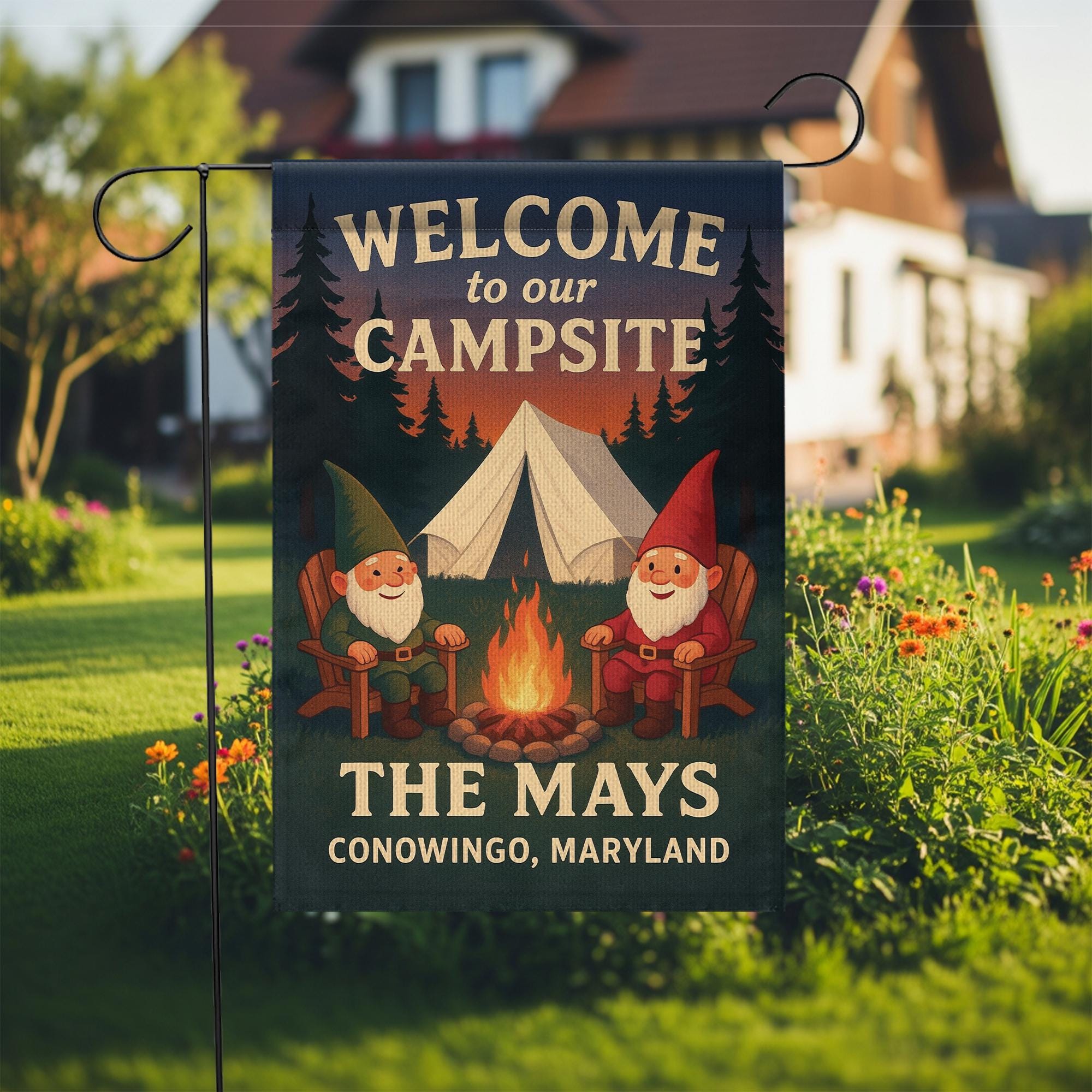 Welcome to Our Campsite Flag: Personalized Camping Garden Flag with Gnomes