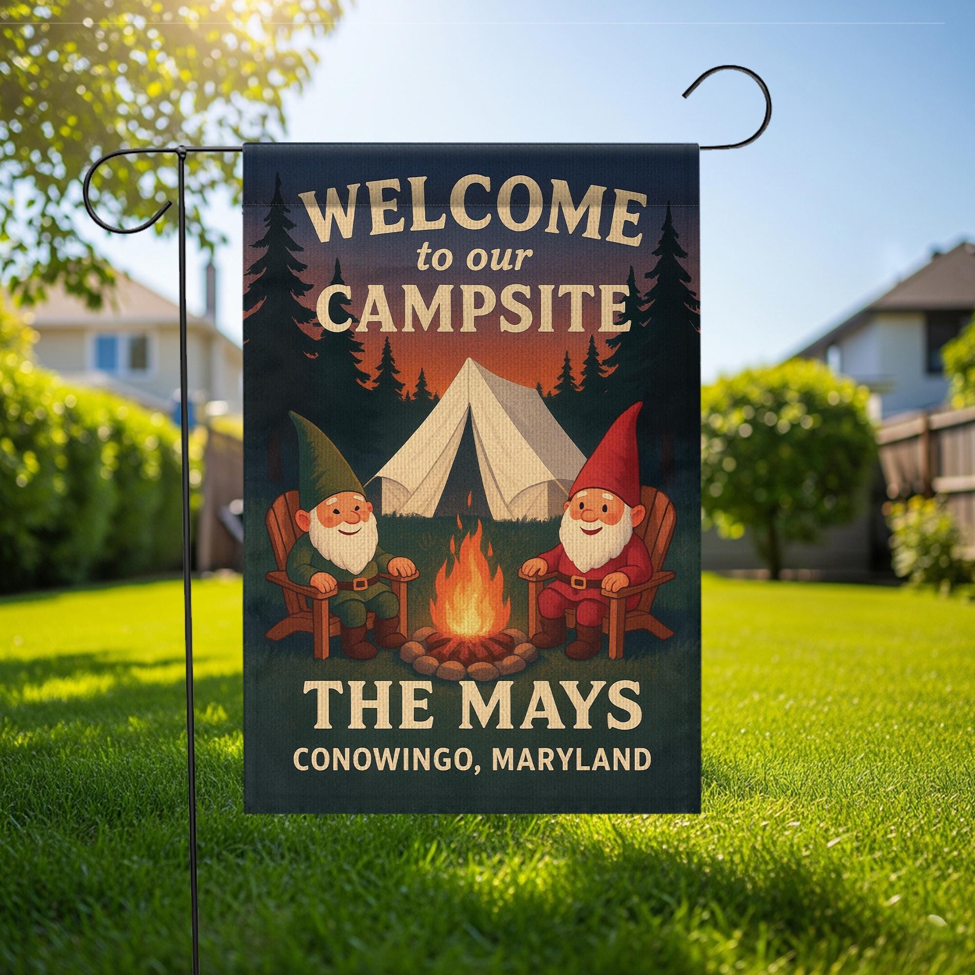 Welcome to Our Campsite Flag: Personalized Camping Garden Flag with Gnomes