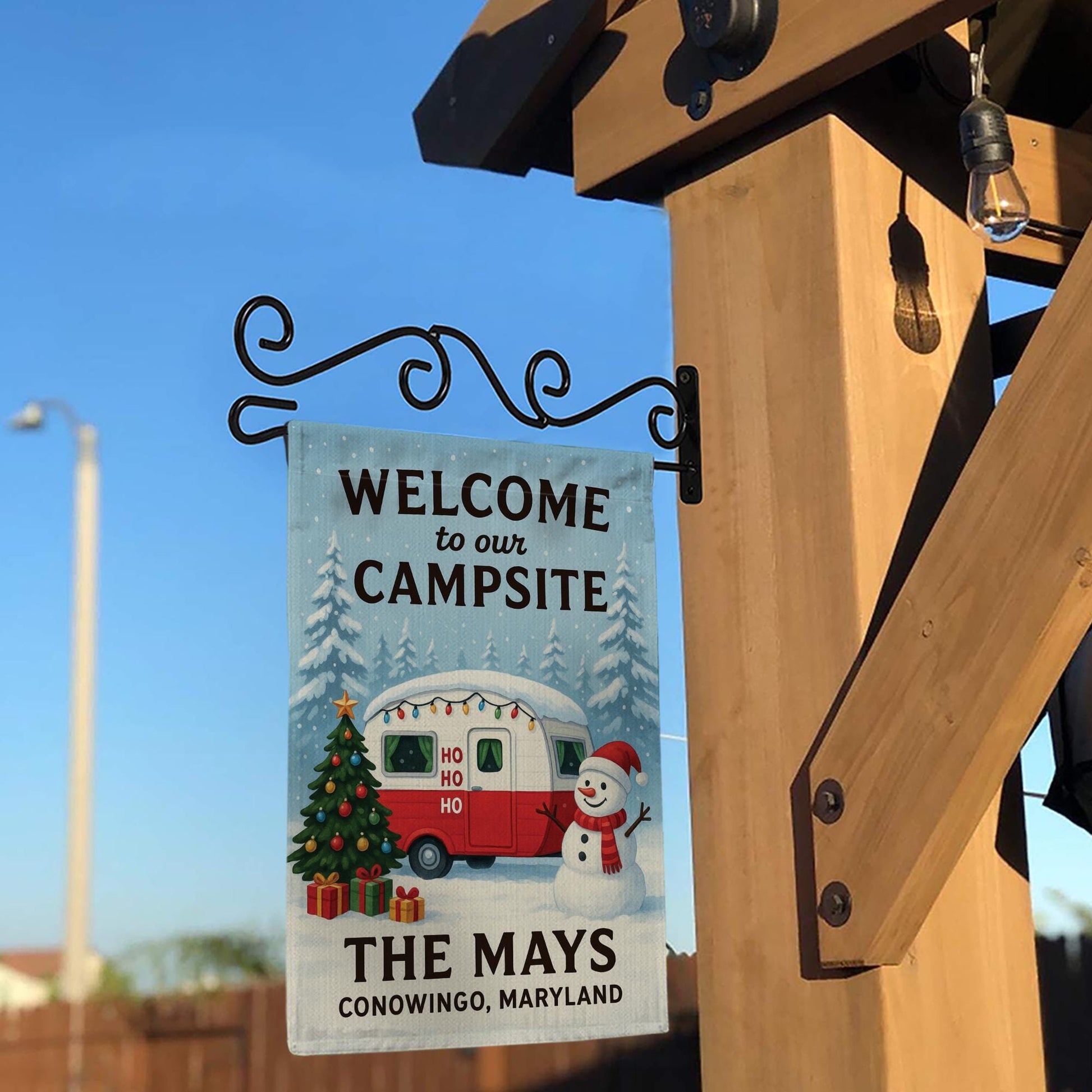Welcome to Our Campsite Christmas Flag: Personalized Holiday Camper Garden Flag