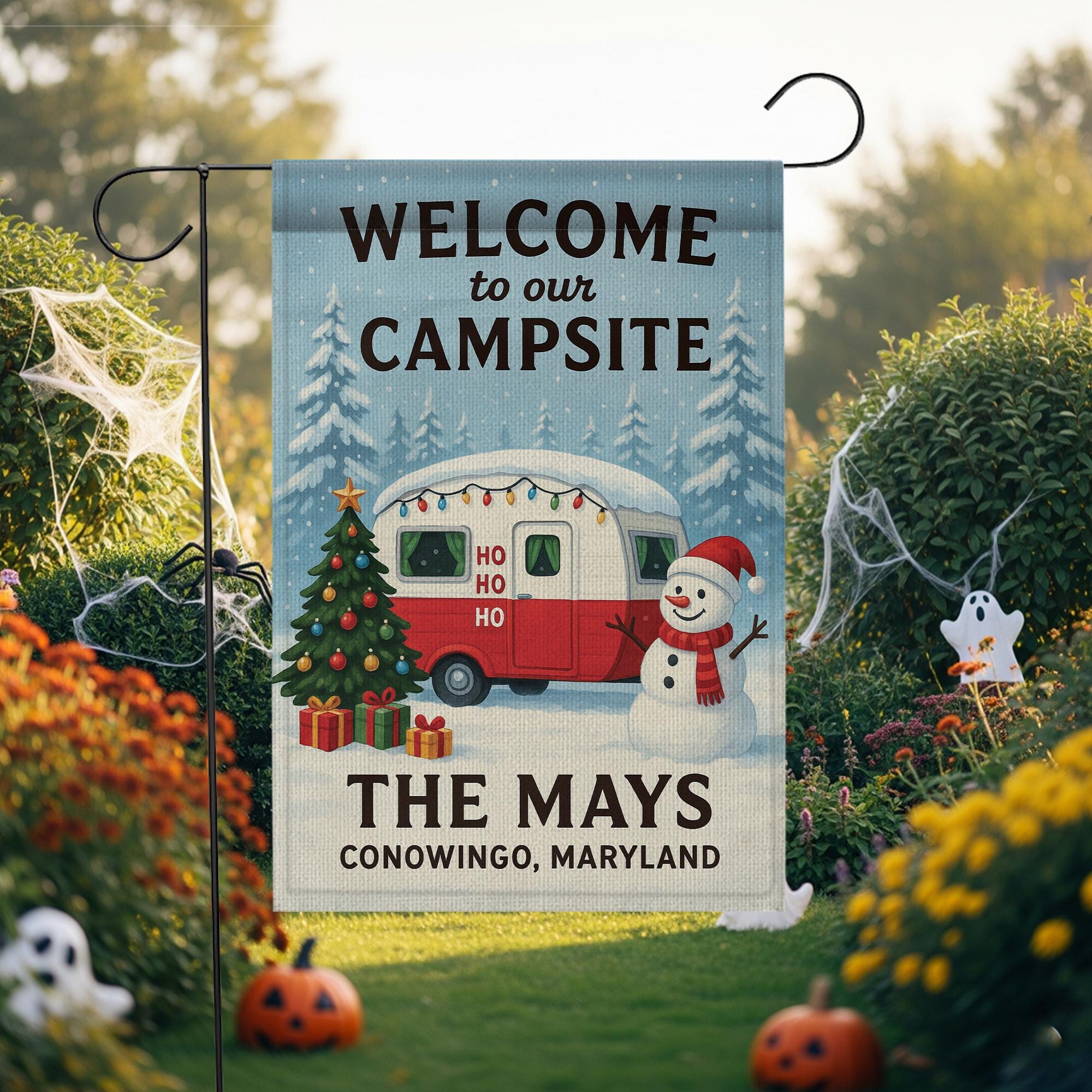 Welcome to Our Campsite Christmas Flag: Personalized Holiday Camper Garden Flag