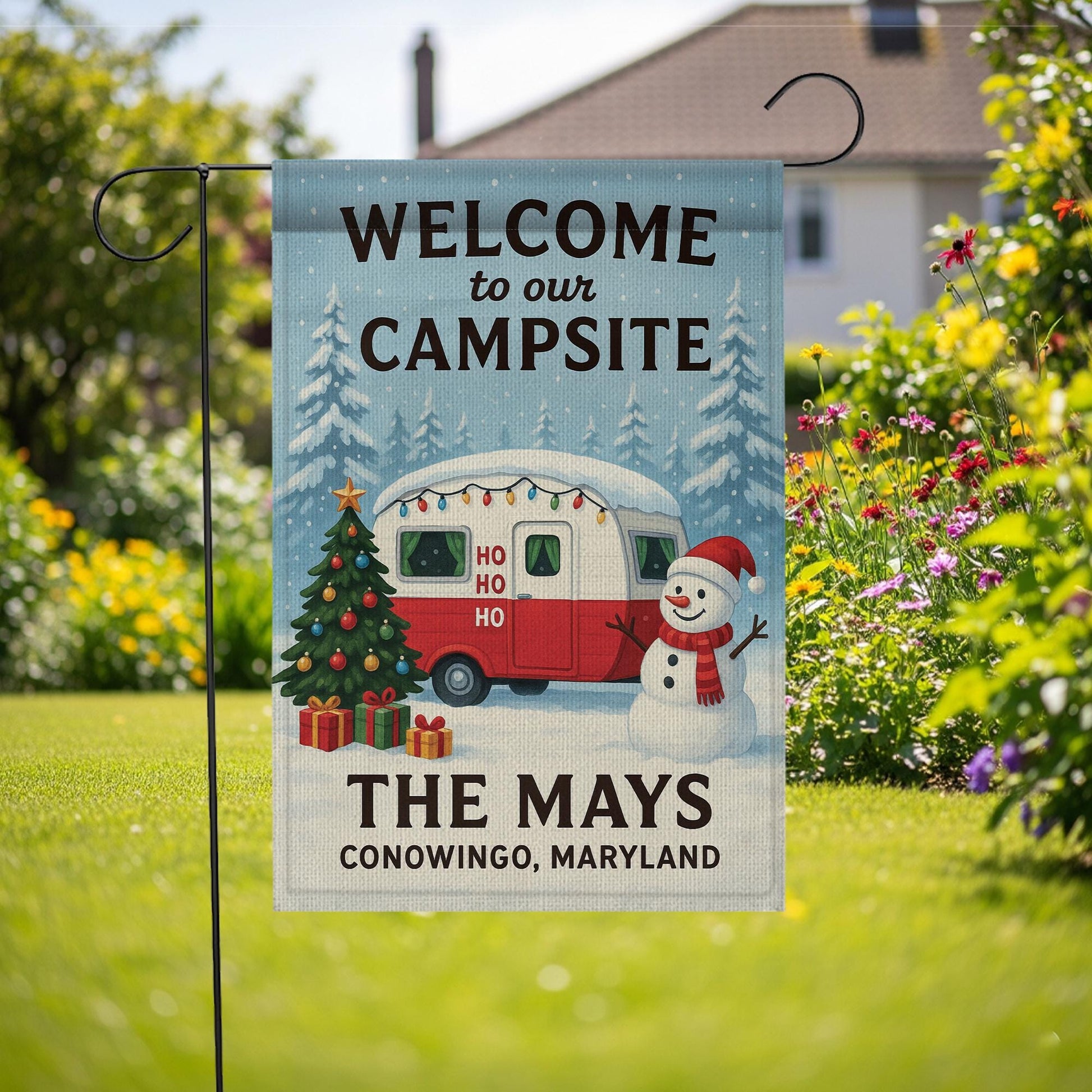 Welcome to Our Campsite Christmas Flag: Personalized Holiday Camper Garden Flag