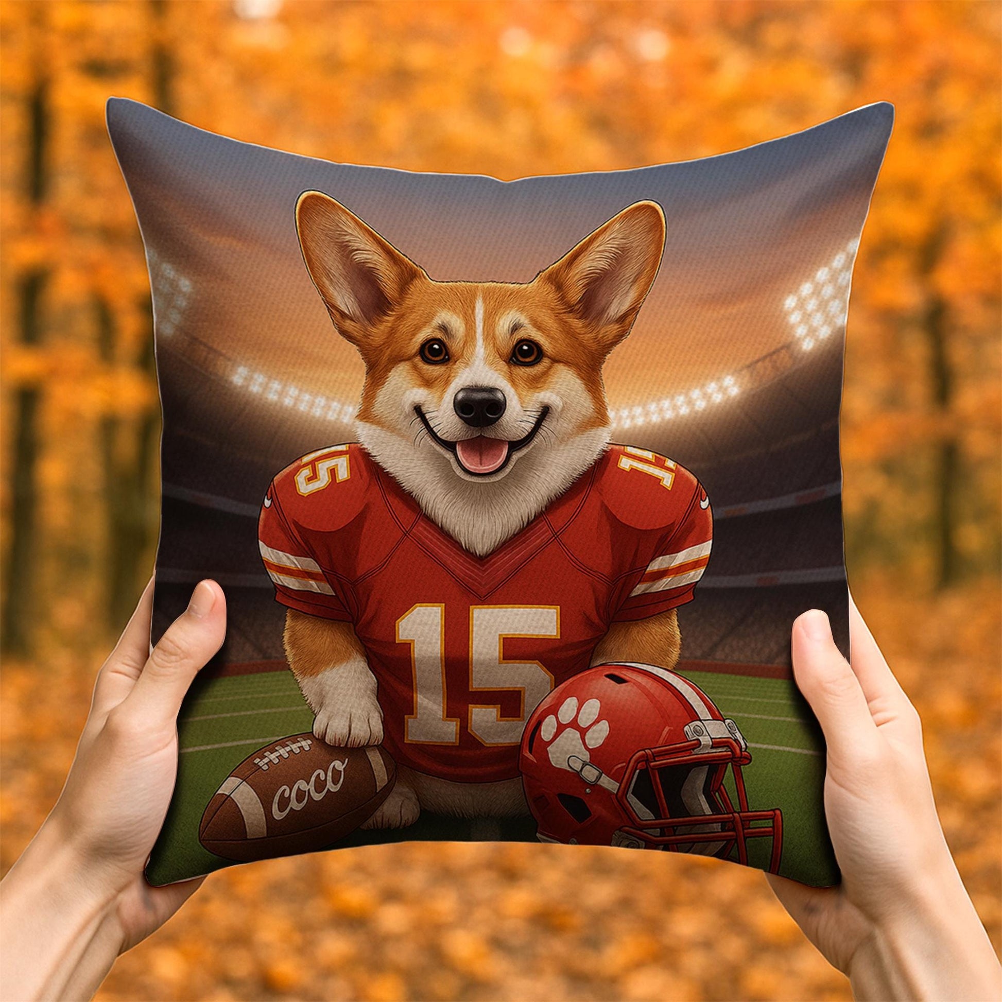 Custom Pet Football Pillow with Dog Portrait, Personalized Sports Team Throw Pillow