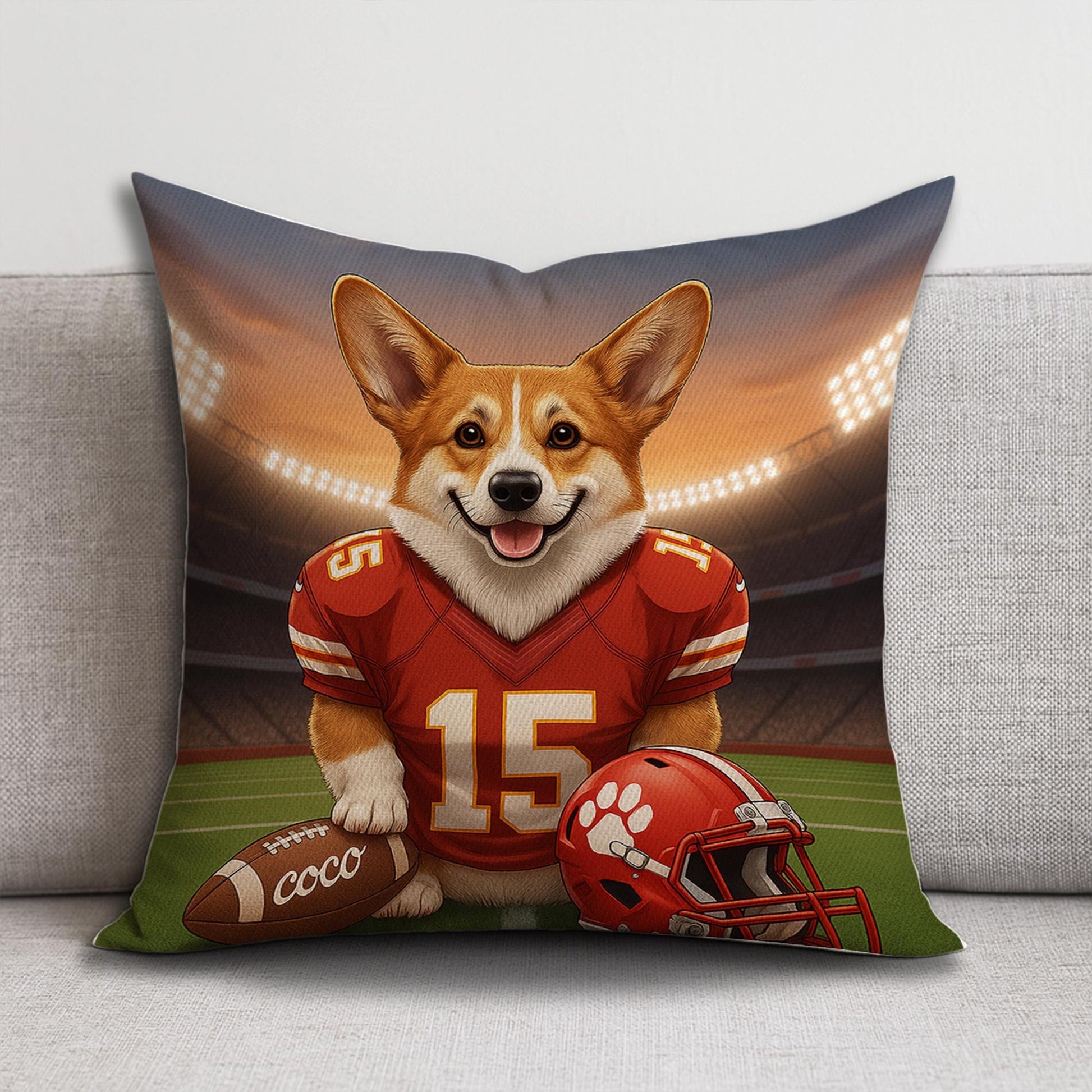 Custom Pet Football Pillow with Dog Portrait, Personalized Sports Team Throw Pillow