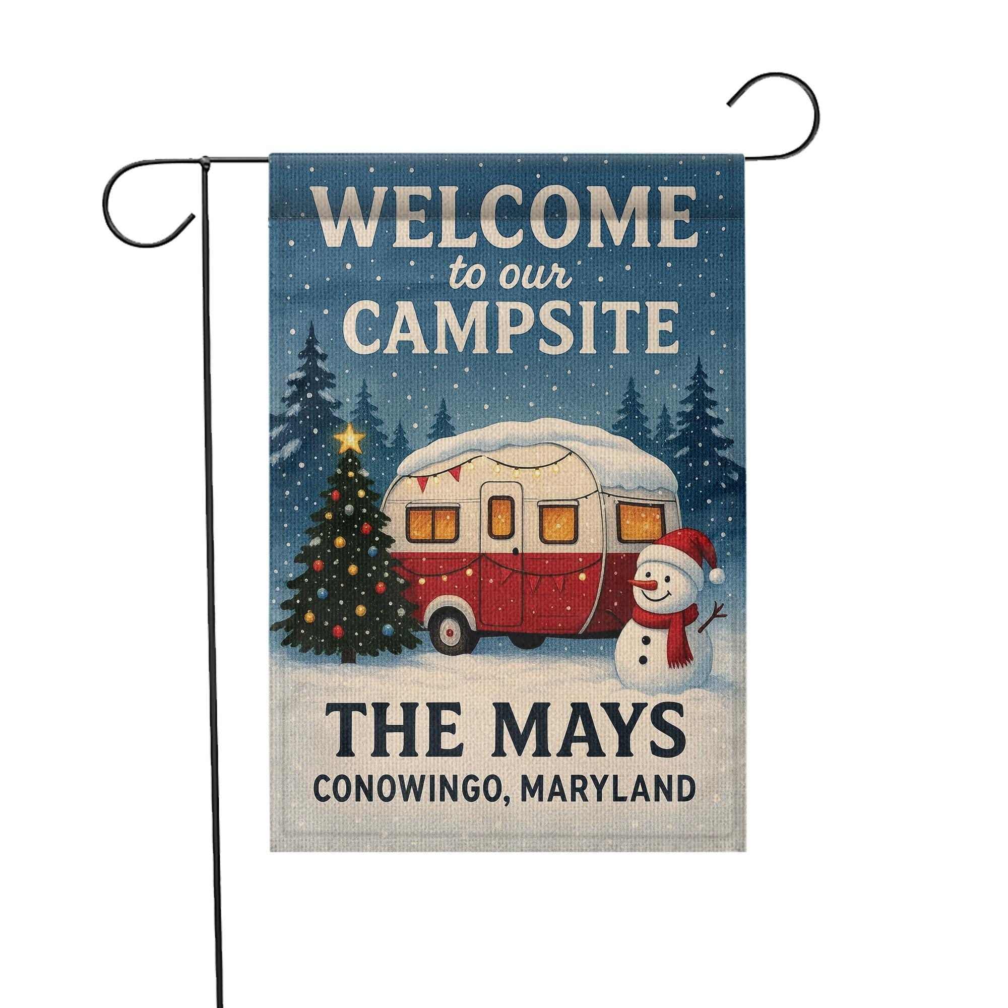 Welcome to Our Campsite Christmas Flag: Personalized Camper Garden Flag