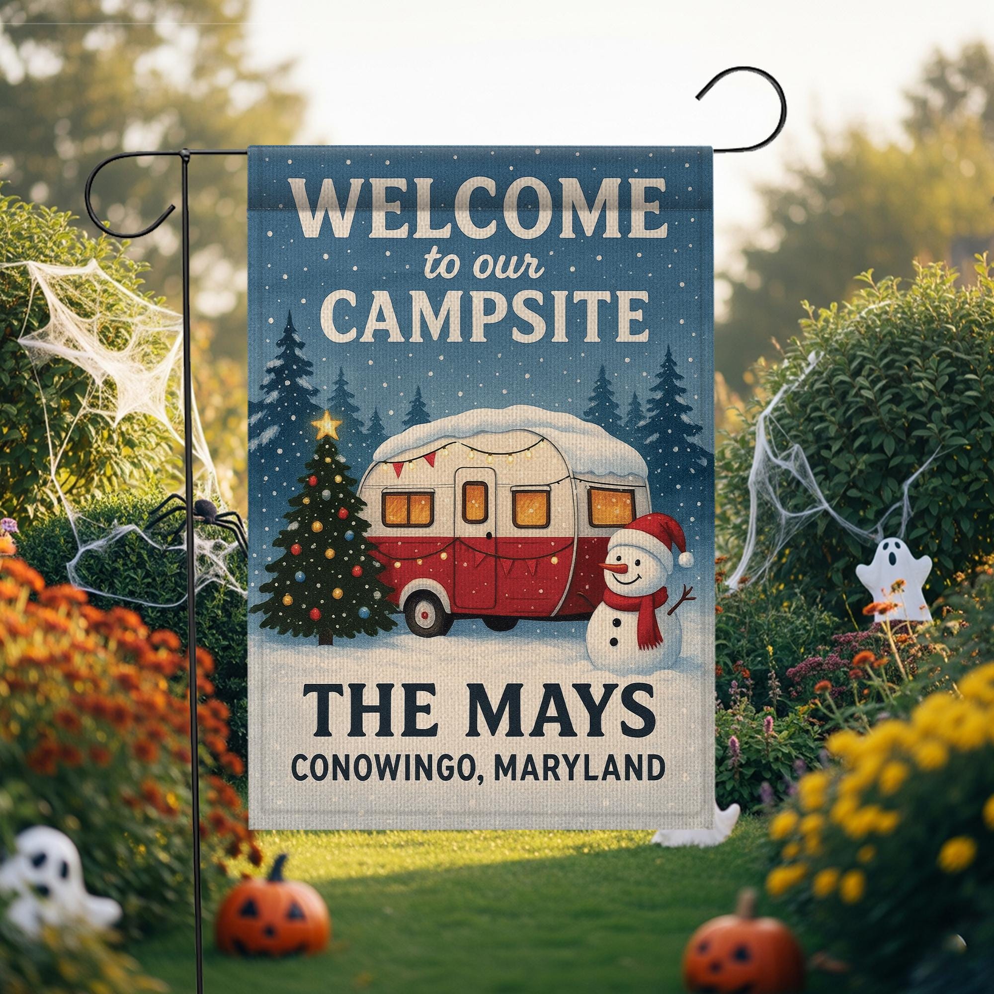 Welcome to Our Campsite Christmas Flag: Personalized Camper Garden Flag