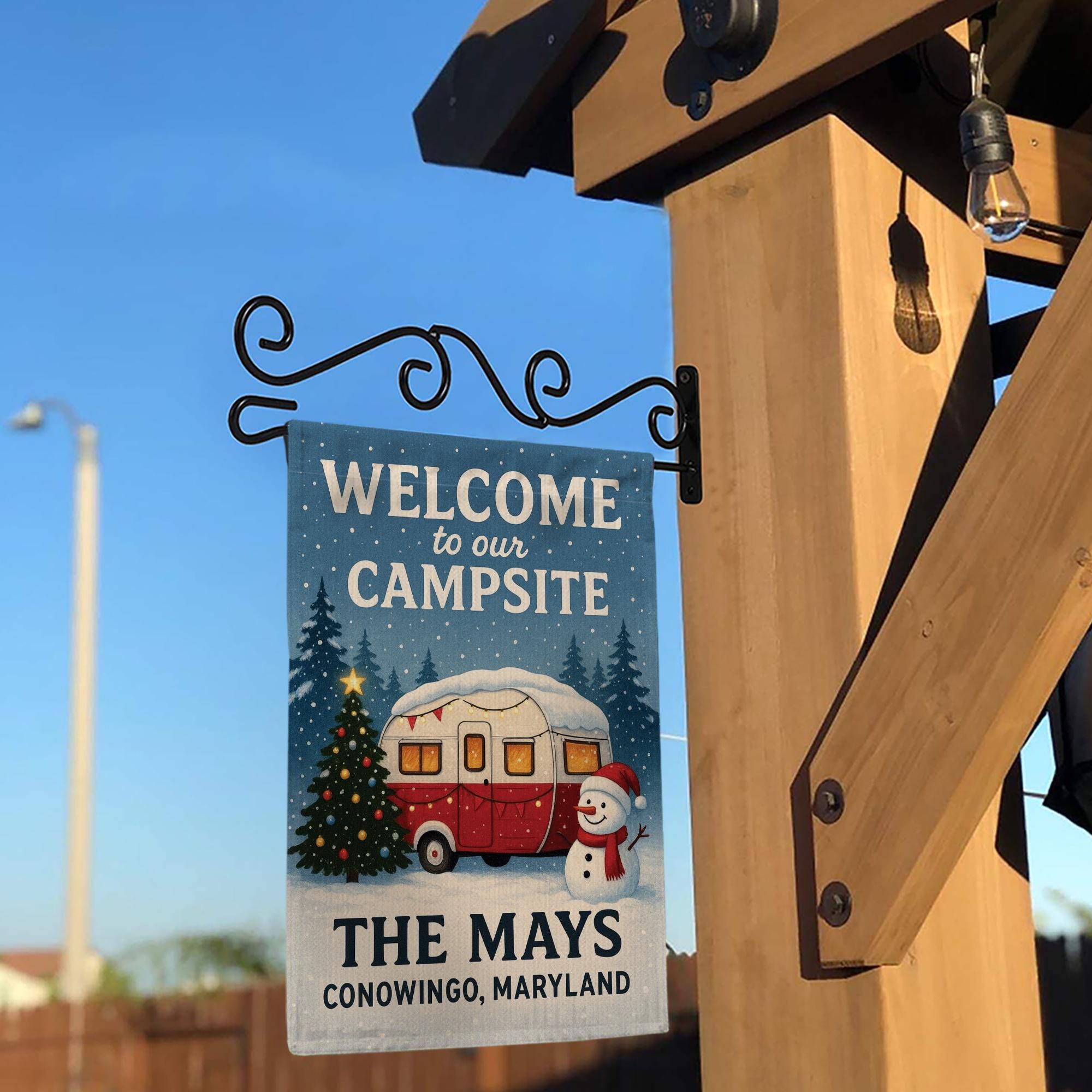 Welcome to Our Campsite Christmas Flag: Personalized Camper Garden Flag