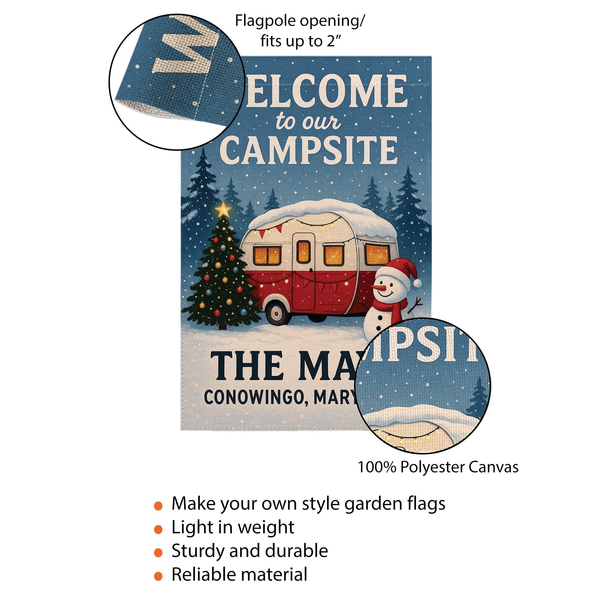 Welcome to Our Campsite Christmas Flag: Personalized Camper Garden Flag