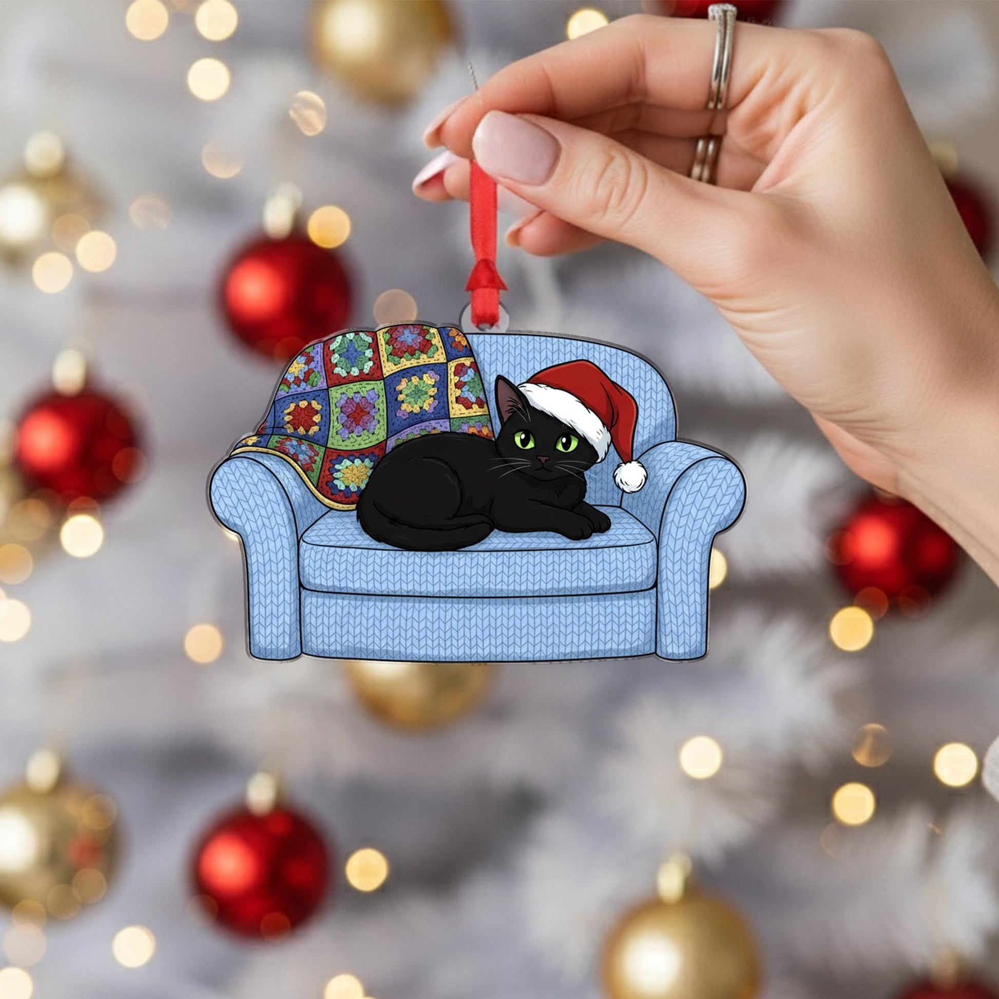Black Cat Christmas Ornament: Couch Holiday Decoration