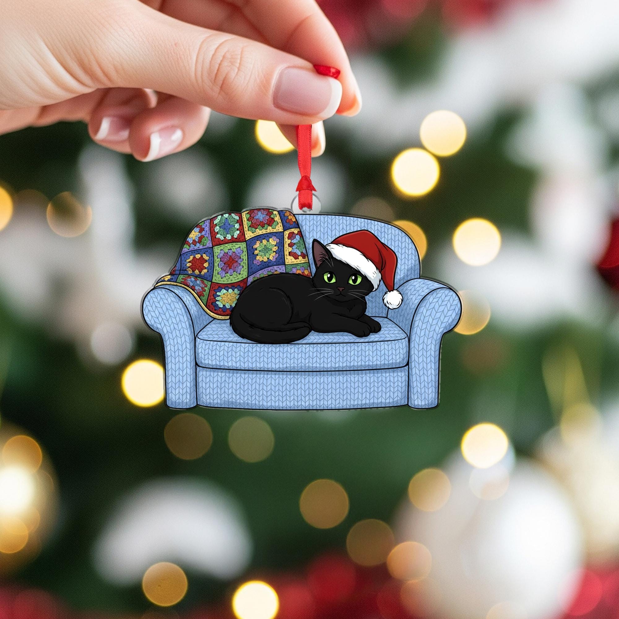 Black Cat Christmas Ornament: Couch Holiday Decoration