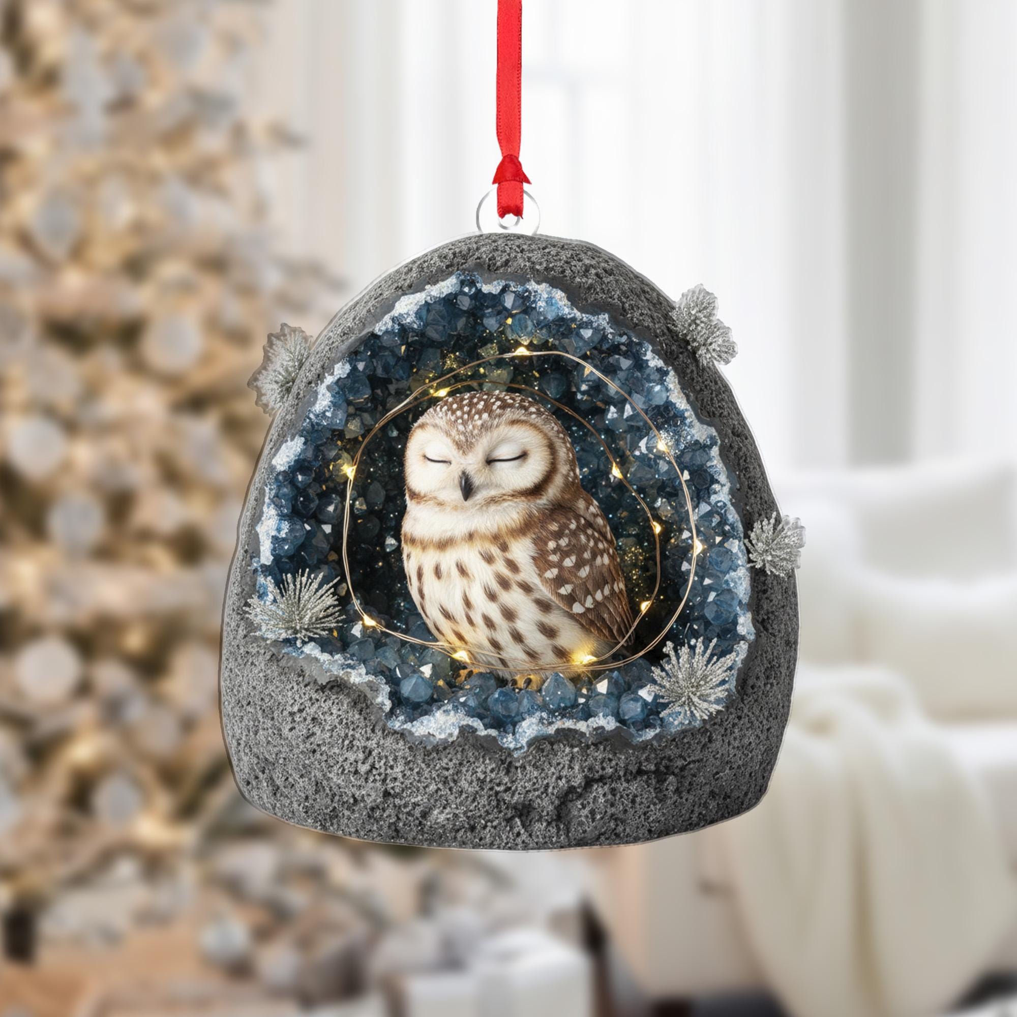 Owl Geode Christmas Ornament: Crystal Rock Holiday Decoration